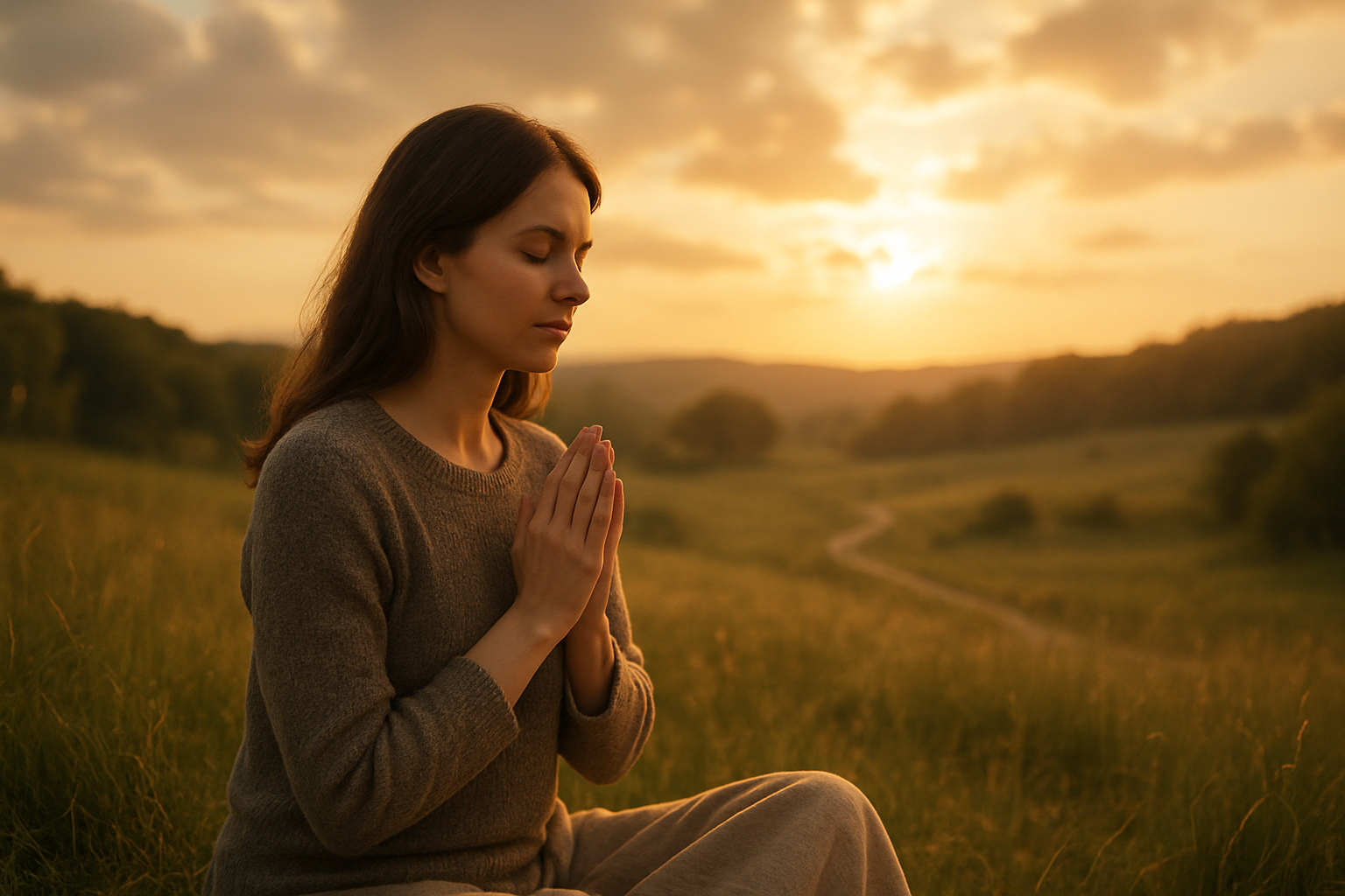 Create a realistic image of a serene person sitting peacefully in a quiet natural setting, with their hands folded in prayer or contemplation, surrounded by a calm landscape featuring soft rolling hills or a gentle meadow, with warm golden hour lighting filtering through scattered clouds in the sky, conveying a sense of patient waiting and peaceful surrender, with subtle elements like a winding path in the distance suggesting a journey in progress, maintaining an overall atmosphere of hope, tranquility, and spiritual reflection, absolutely NO text should be in the scene.