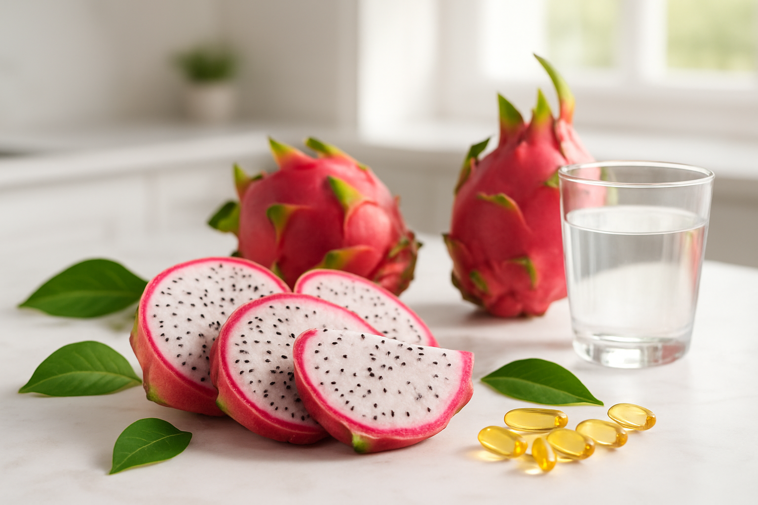 Create a realistic image of fresh dragon fruit slices arranged on a clean white marble surface with vibrant pink and white flesh clearly visible, surrounded by whole dragon fruits showing their distinctive pink scaly exterior, complemented by fresh green leaves, vitamin supplement capsules, and a glass of clear water, set against a bright, clean kitchen background with natural sunlight streaming in, creating a healthy and refreshing atmosphere that emphasizes wellness and nutrition, absolutely NO text should be in the scene.