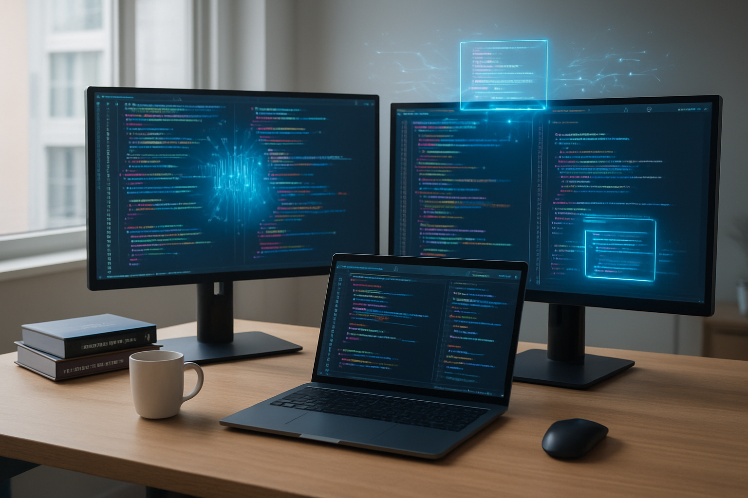 Create a realistic image of a modern developer workspace showing the future of AI-assisted coding, featuring a clean desk with multiple monitors displaying colorful code interfaces and AI suggestions, a sleek laptop, programming books, coffee cup, and subtle AI visual elements like glowing circuit patterns or holographic code snippets floating above the screens, set in a contemporary office environment with soft natural lighting from a window, conveying innovation and technological advancement in software development, with a professional and optimistic atmosphere that represents the conclusion of enhanced productivity through AI coding assistance, absolutely NO text should be in the scene.
