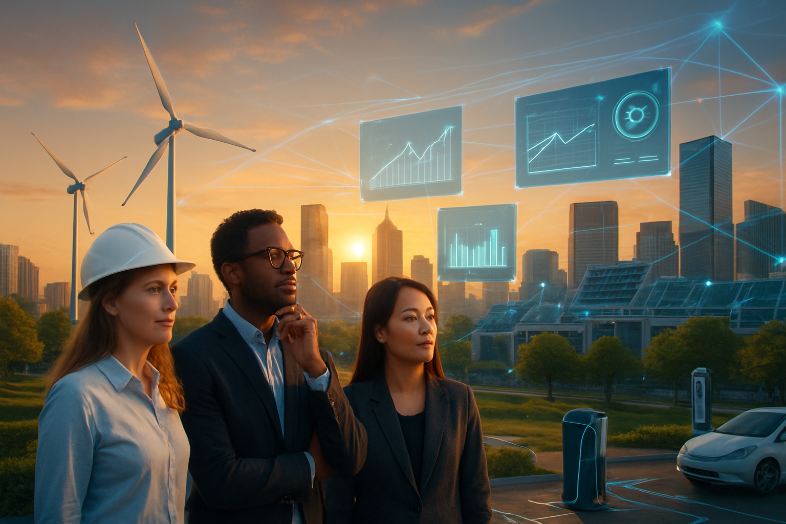 Create a realistic image of a modern smart city skyline at dawn with renewable energy infrastructure prominently featured, including wind turbines and solar panels on building rooftops, interconnected by glowing blue digital network lines representing AI-powered grid connections, with a diverse group of three professionals - one white female engineer, one black male data analyst, and one Asian female sustainability manager - standing in the foreground observing multiple holographic displays showing energy consumption graphs and sustainability metrics floating in the air, set against a clean urban background with green spaces and electric vehicle charging stations, conveying innovation and environmental progress through warm golden lighting mixed with cool blue technological elements, absolutely NO text should be in the scene.