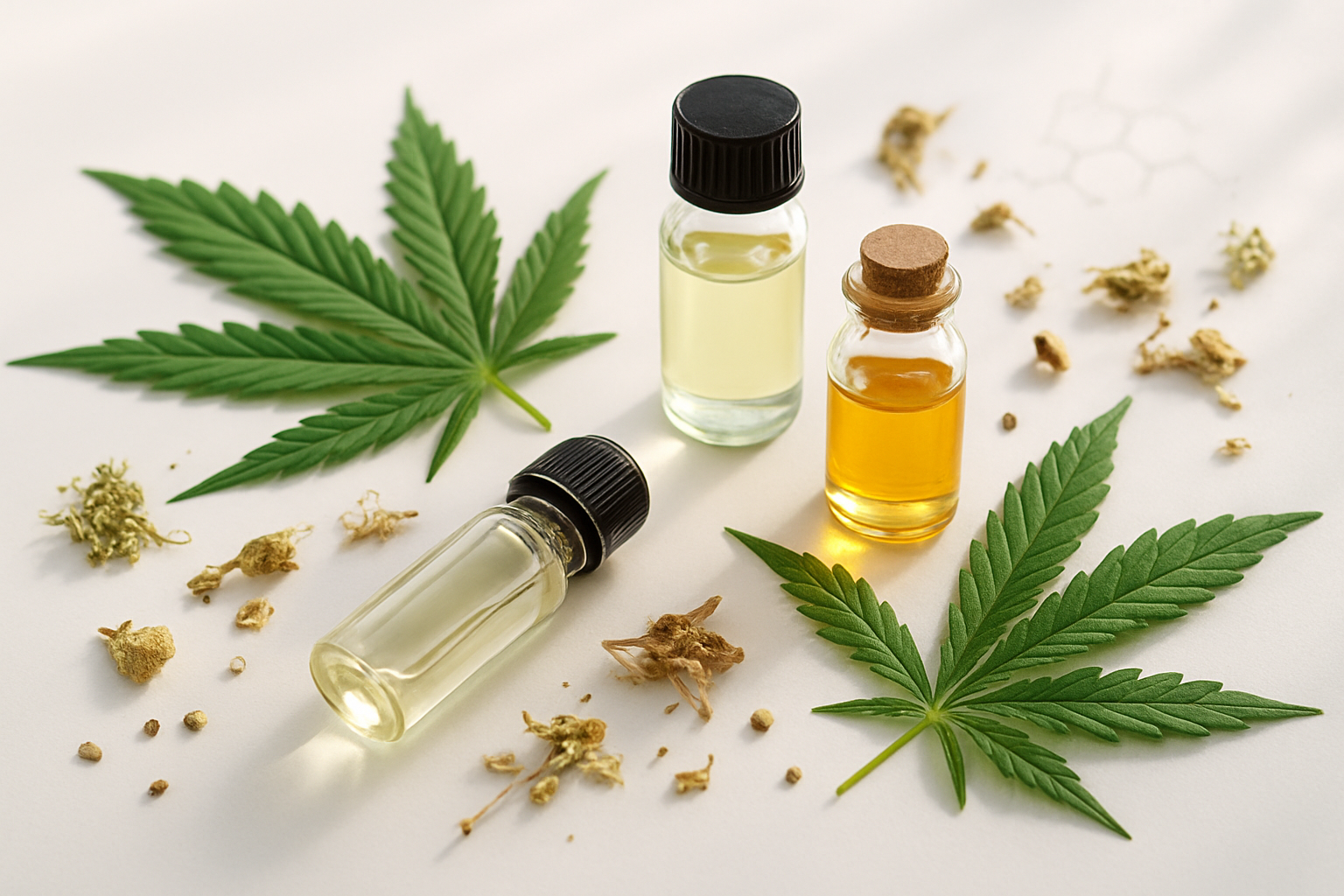 Create a realistic image of fresh green cannabis leaves arranged alongside small glass vials containing clear and amber-colored essential oils, with dried botanical herbs and terpene molecules subtly scattered around them on a clean white laboratory surface, soft natural lighting creating gentle shadows, conveying a scientific and natural wellness atmosphere that illustrates the synergistic relationship between cannabis compounds and other plant-based terpenes, absolutely NO text should be in the scene.