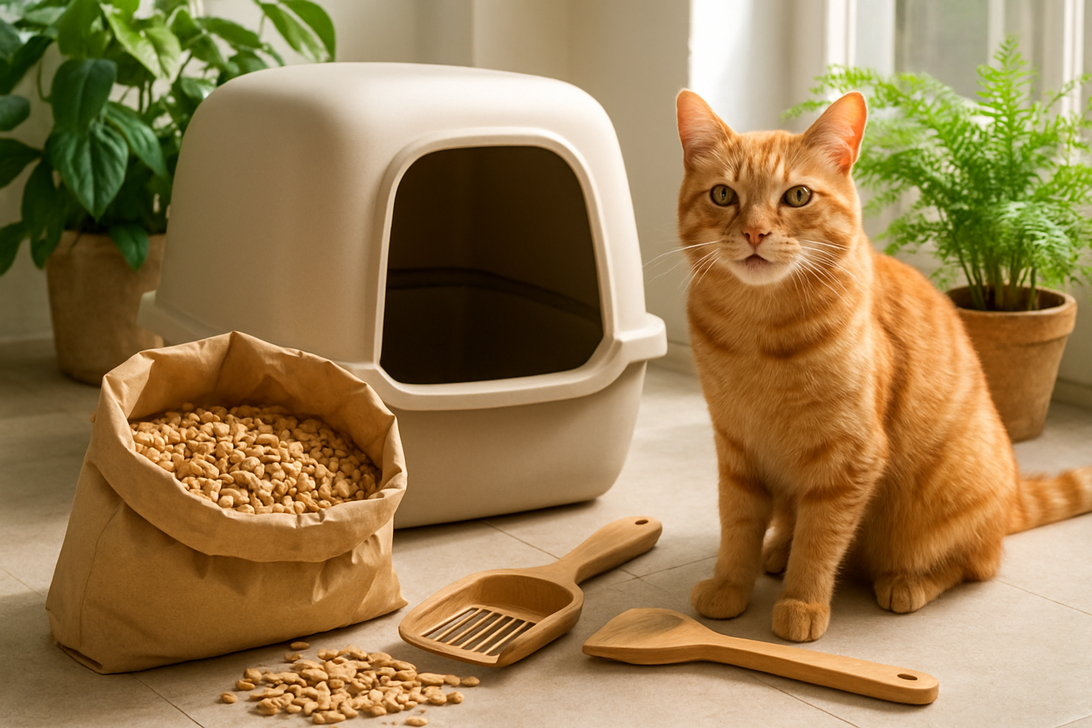 Create a realistic image of eco-friendly cat litter made from natural wood pellets or corn-based material in an open bag next to a modern, sustainable litter box with a happy orange tabby cat nearby, surrounded by green plant elements and bamboo scoops, set in a bright, clean indoor environment with natural lighting streaming through a window, emphasizing the environmentally conscious theme with earthy tones and organic textures, absolutely NO text should be in the scene.