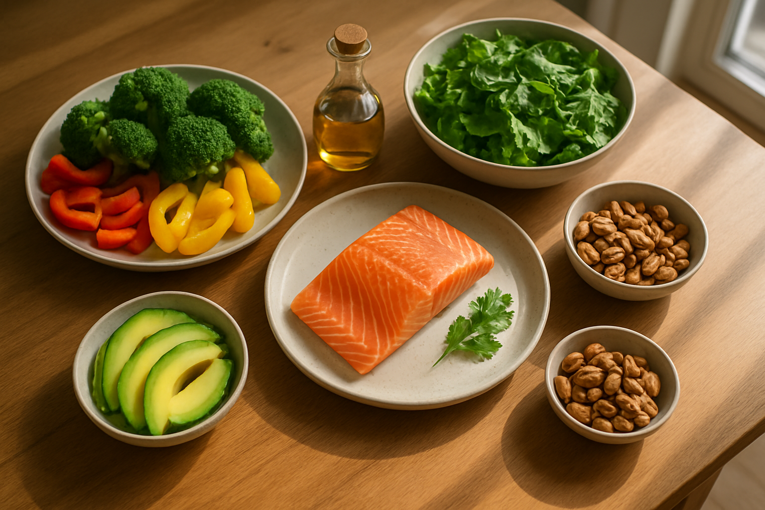 Create a realistic image of a beautifully arranged healthy meal spread on a wooden dining table featuring fresh salmon fillet, colorful vegetables like broccoli and bell peppers, avocado slices, leafy greens, nuts, and olive oil in a small glass bottle, with natural warm lighting streaming through a window creating soft shadows, shot from above in a clean modern kitchen setting, absolutely NO text should be in the scene.