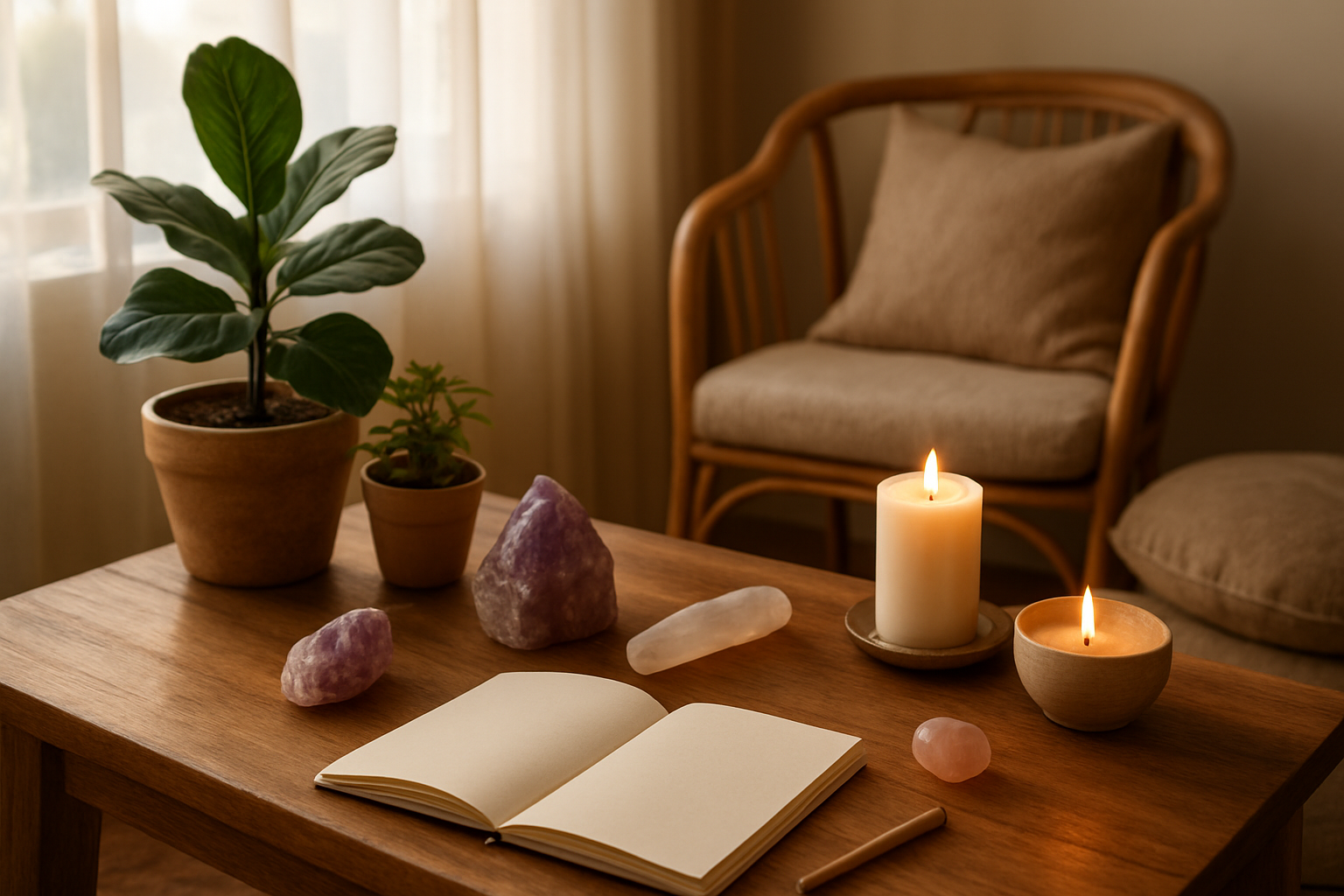 Create a realistic image of a peaceful indoor scene showing a diverse collection of grounding elements including potted plants, natural wood furniture, soft cushions, crystals, candles, and a journal on a wooden table, with warm natural lighting streaming through a window, creating a serene atmosphere that represents different personal grounding preferences and spiritual wellness practices, absolutely NO text should be in the scene.