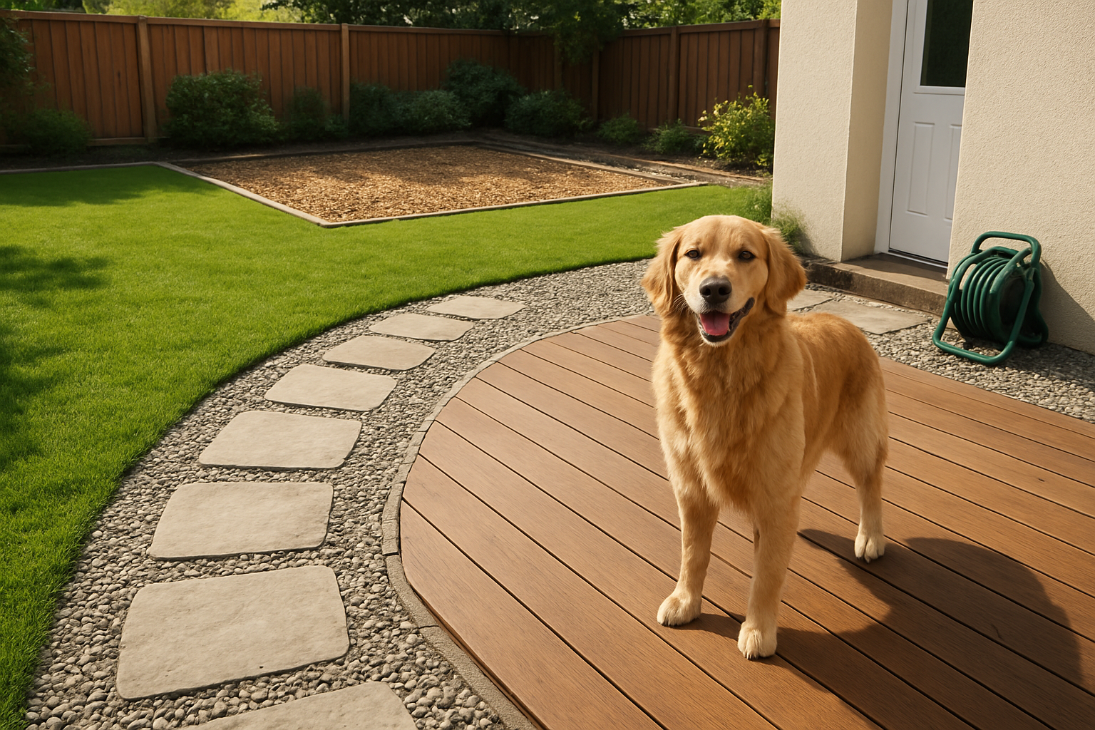 Create a realistic image of a clean, well-maintained backyard with a happy golden retriever standing on a wooden deck area, featuring stone pathways, artificial turf sections, proper drainage gravel areas, and a designated dog run with wood chips, all set against a sunny day with good lighting showing the contrast between the organized, mud-free zones and a small area of natural grass, with a garden hose neatly coiled near a backdoor entrance mat. Absolutely NO text should be in the scene.