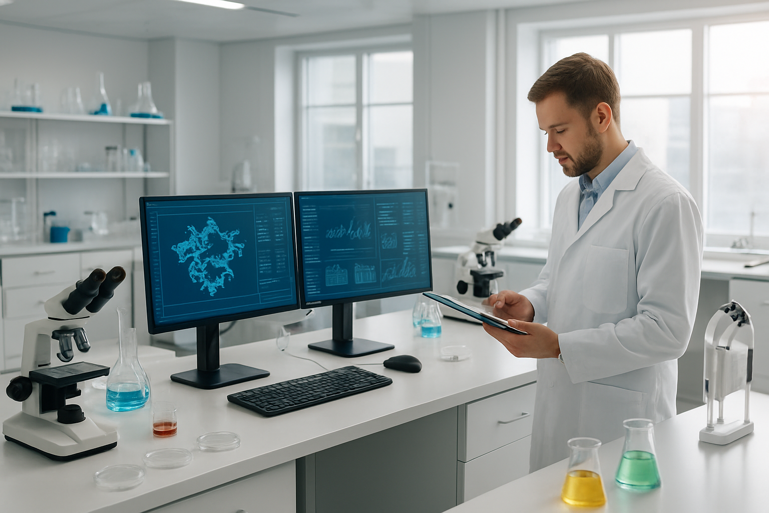 Create a realistic image of a modern biotechnology laboratory featuring a central workstation with computer monitors displaying molecular structures and data analytics dashboards, surrounded by essential lab equipment including microscopes, centrifuges, and testing apparatus, with glass beakers containing colorful liquid samples and petri dishes arranged on clean white countertops, soft natural lighting streaming through large windows creating a bright and professional atmosphere, with a white male scientist in a lab coat examining results on a tablet device while standing near the integrated digital-physical workspace, representing the successful completion and validation of a biopharma MVP development process, absolutely NO text should be in the scene.