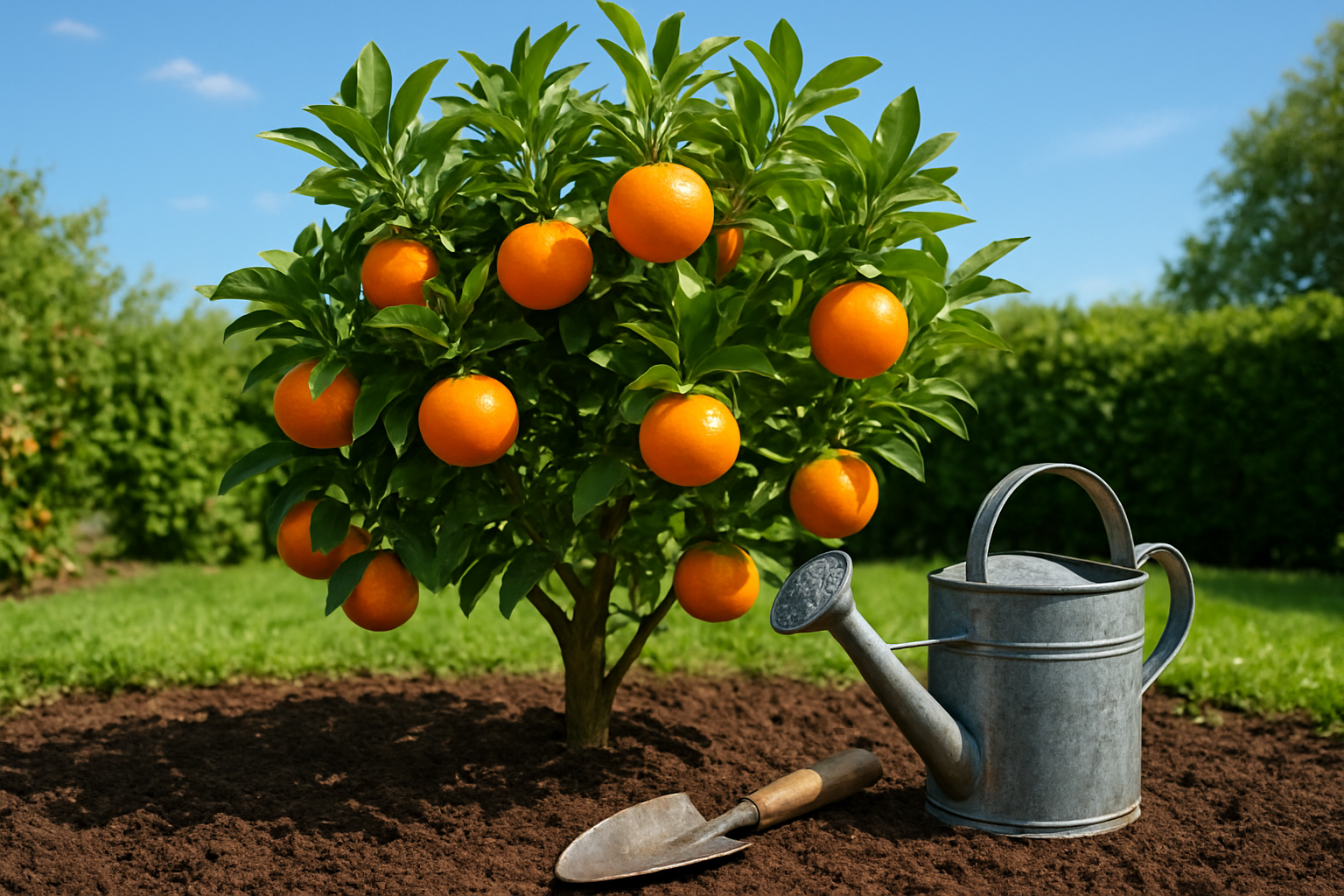 Create a realistic image of a thriving mandarin tree with vibrant orange fruits growing in a well-maintained garden or backyard setting, showing healthy green foliage and several ripe mandarins hanging from the branches, with gardening tools like a small shovel and watering can placed nearby on rich, dark soil, under bright natural sunlight with a clear blue sky in the background, conveying a sense of successful home cultivation and abundant harvest. Absolutely NO text should be in the scene.