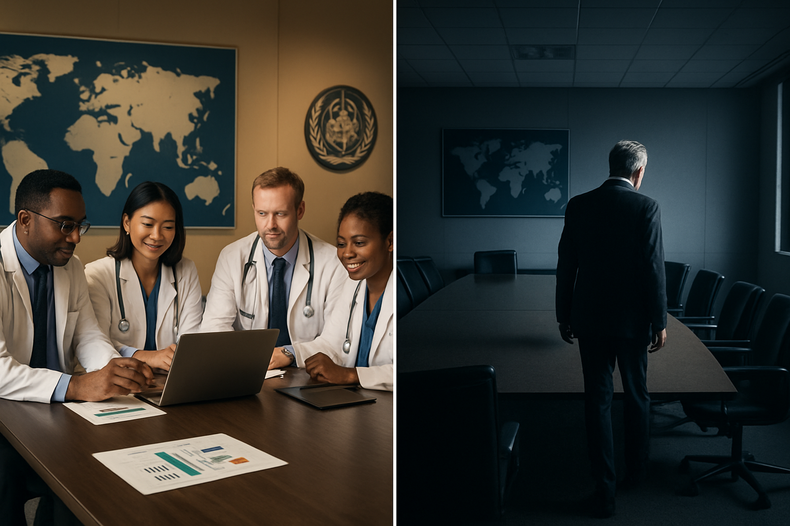 Create a realistic image of a split-screen composition showing contrast between global health cooperation and isolation, featuring on the left side a diverse group of international health officials including white, black, and Asian male and female doctors in professional attire collaborating around a modern conference table with laptops and health data charts, and on the right side a single white male official in a suit walking away from an empty boardroom with WHO symbols and world maps on the walls, dramatic lighting with warm collaborative lighting on the left transitioning to cold, stark lighting on the right, conveying the tension between international health unity and potential withdrawal, shot from a wide angle perspective in a modern institutional setting, absolutely NO text should be in the scene.