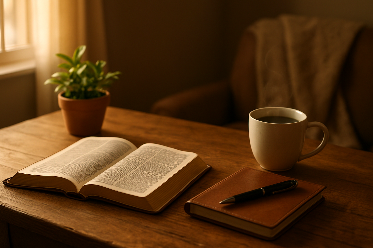 Create a realistic image of a peaceful indoor setting with warm, soft lighting featuring a wooden table with an open Bible, a leather-bound journal with a pen beside it, a small potted plant, and a steaming cup of coffee, with gentle morning sunlight streaming through a nearby window casting soft shadows, creating a serene atmosphere that conveys spiritual reflection, personal growth, and the completion of a meaningful journey, with cozy home decor elements like a soft throw blanket draped over a chair in the background, absolutely NO text should be in the scene.