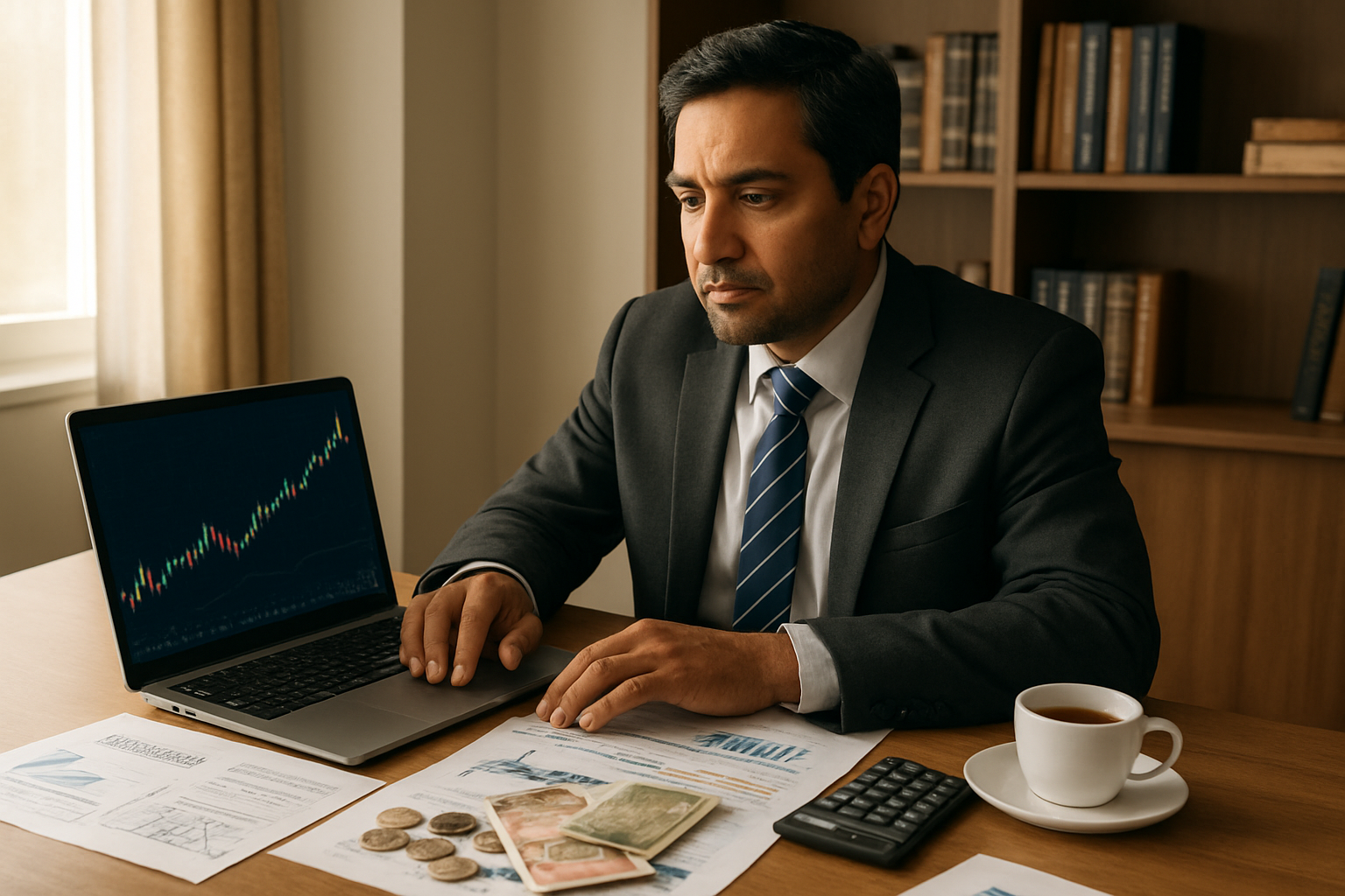 Create a realistic image of an Indian male businessman in his 40s sitting at a modern desk with a laptop open, financial charts and dividend analysis documents spread across the desk, Indian rupee notes and coins visible, a calculator nearby, stock market graphs showing upward trends on the laptop screen, warm natural lighting from a window, professional office environment with bookshelves containing finance books in the background, a cup of tea on the desk, the scene conveying financial planning and investment analysis, absolutely NO text should be in the scene.