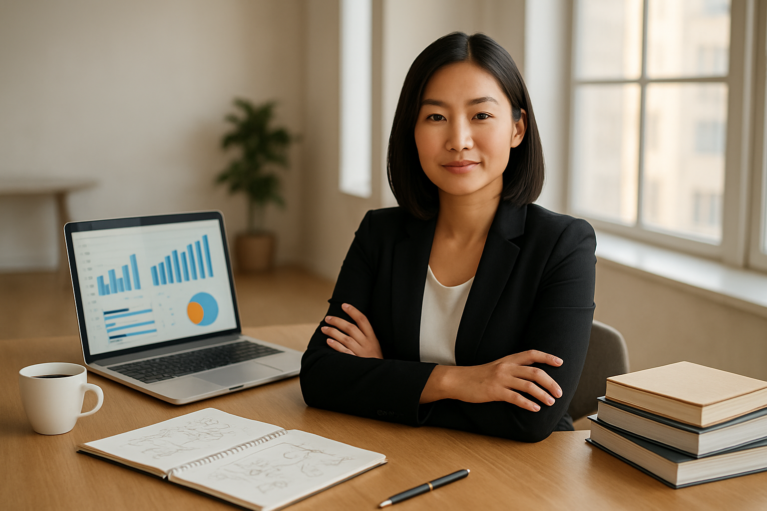 Create a realistic image of a confident Asian female entrepreneur sitting at a modern wooden desk in a bright office space, with a laptop open showing charts and graphs, surrounded by motivational business books, a notepad with sketched ideas, and a coffee cup, with soft natural lighting streaming through large windows in the background creating an inspiring and accomplished atmosphere, symbolizing the completion of building essential founder skills. Absolutely NO text should be in the scene.