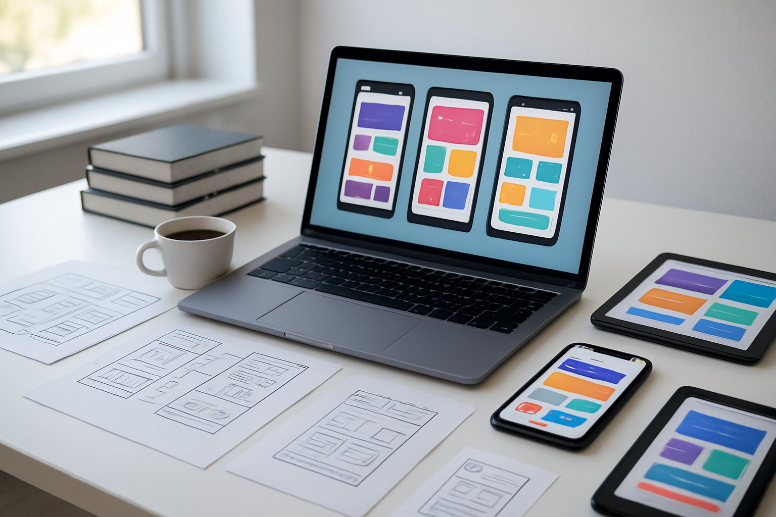 Create a realistic image of a modern software developer's desk setup showing the transformation from idea to deployed application, featuring a sleek laptop displaying colorful app interface mockups on the screen, surrounded by scattered sketches and wireframes on paper, a smartphone showing a live mobile app, coding books stacked neatly, a steaming coffee cup, and digital tablets displaying various app screens, all arranged on a clean white desk in a bright, well-lit modern office environment with soft natural lighting from a nearby window, conveying innovation and technological achievement, absolutely NO text should be in the scene.