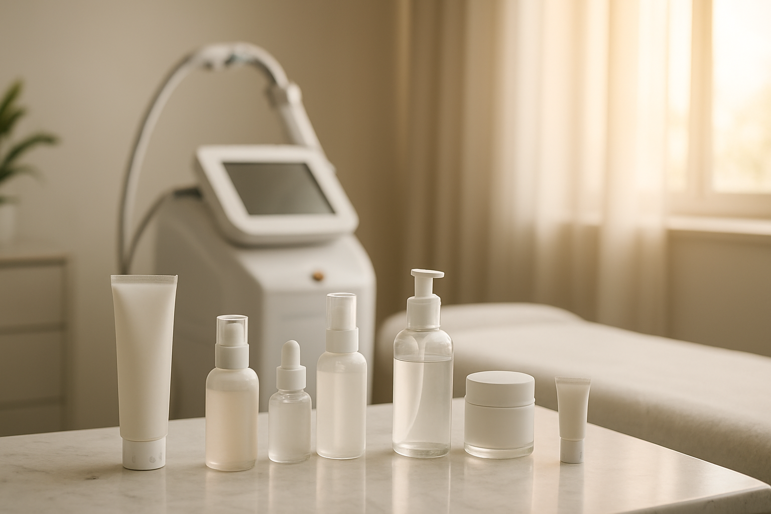 Create a realistic image of a serene spa or dermatology clinic setting with clean white marble countertops displaying an organized collection of skincare products including gentle cleansers, moisturizers, and serums in elegant glass bottles and tubes, alongside a modern laser treatment device partially visible in the soft-focused background, with warm natural lighting streaming through a window creating a peaceful and professional atmosphere that conveys successful skincare transformation and expert care, absolutely NO text should be in the scene.