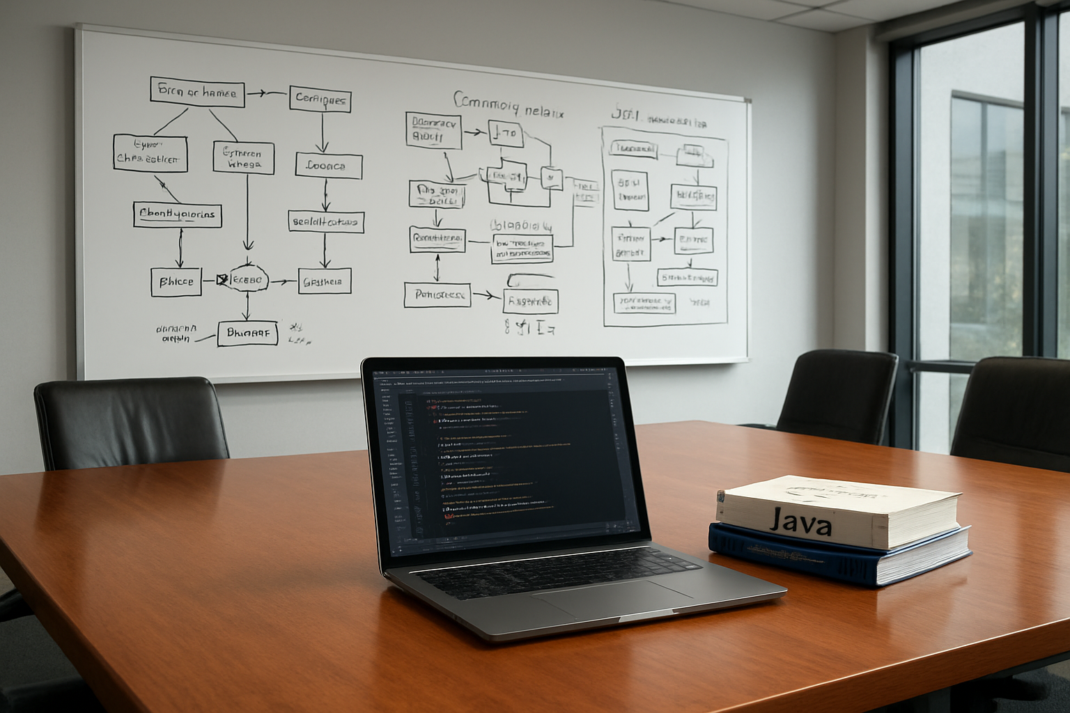 Create a realistic image of a modern office conference room with a large whiteboard displaying complex Java code diagrams including design patterns, concurrency models, and JVM architecture illustrations, with a sleek laptop open on a polished wooden table showing Java IDE with advanced code, surrounded by technical books on Java programming, in a professional corporate environment with soft natural lighting from large windows, conveying an atmosphere of expertise and technical mastery, absolutely NO text should be in the scene.