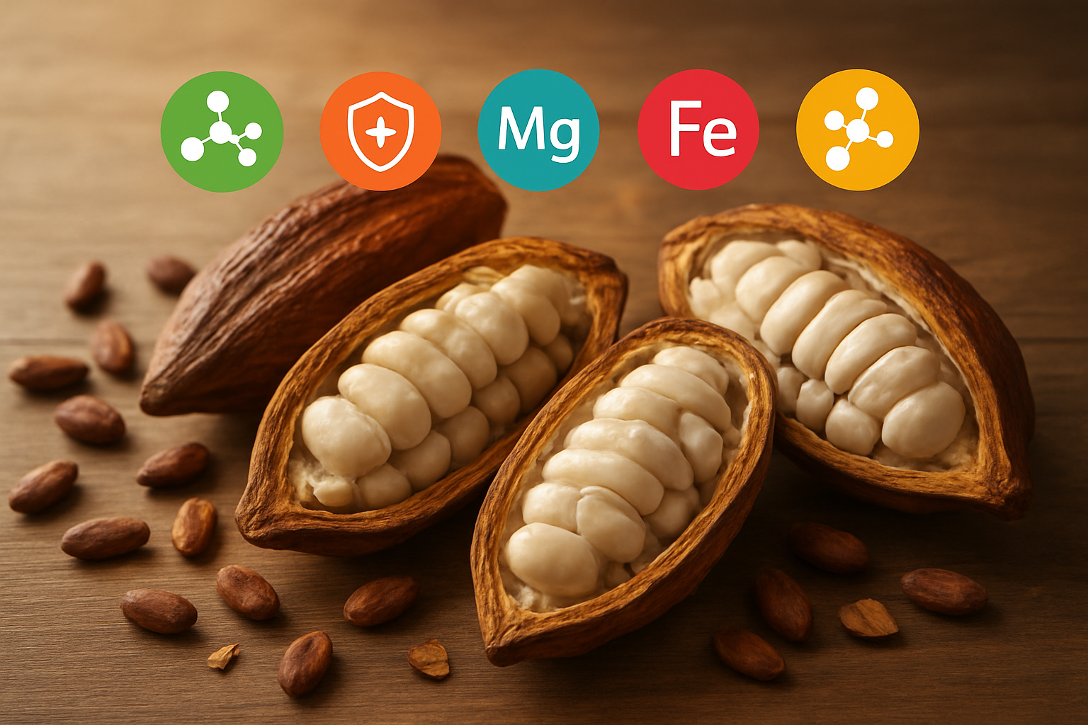 Create a realistic image of split open cacao pods revealing fresh white cacao beans inside, arranged on a wooden surface with colorful infographic-style icons floating above showing vitamins, minerals, and nutrients like antioxidants, magnesium, and iron, with soft natural lighting highlighting the rich brown pod exterior and creamy white bean interior, surrounded by scattered cacao beans and pod fragments, shot from a slight overhead angle with a warm, health-focused mood. Absolutely NO text should be in the scene.