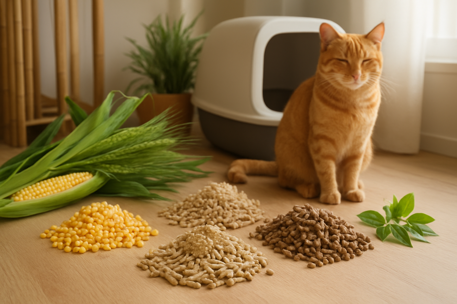 Create a realistic image of various plant-based cat litter materials arranged on a clean wooden surface, featuring small piles of corn kernel litter, wheat-based litter, pine pellets, and walnut shell litter, each showing their natural clumping properties with some formed clumps visible, surrounded by fresh green plants like wheat stalks and corn husks to emphasize the natural origin, with soft natural lighting from a nearby window creating gentle shadows, and a content orange tabby cat sitting peacefully in the background near a modern litter box, all set in a bright, eco-friendly home environment with bamboo and wooden elements visible, absolutely NO text should be in the scene.