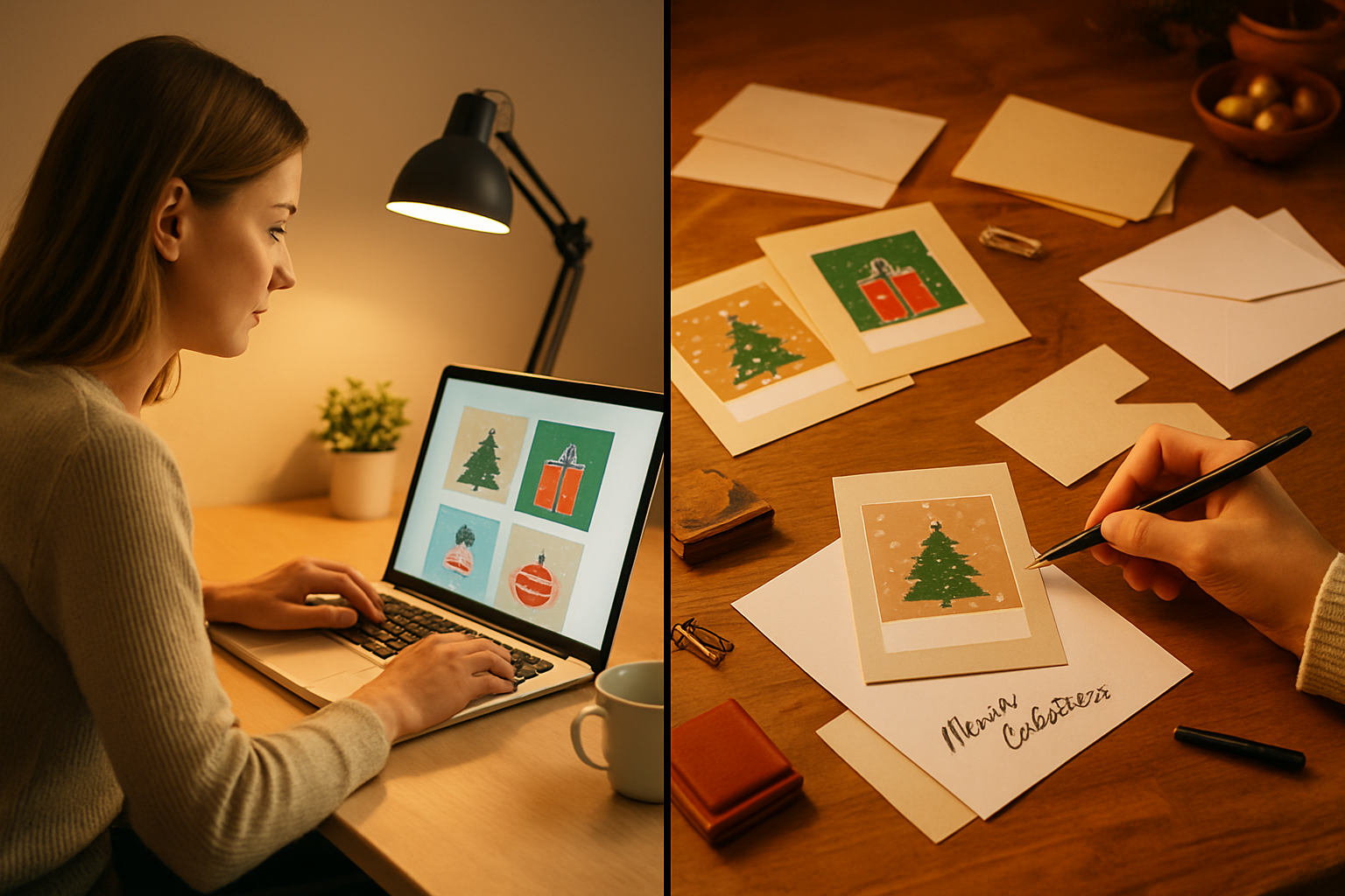 Create a realistic image of a split-screen comparison showing a busy white female sitting at a modern desk with a laptop displaying digital Christmas card designs on one side, and a cluttered workspace with paper Christmas cards, envelopes, stamps, and handwriting supplies scattered around on the other side, with warm indoor lighting creating a cozy atmosphere that emphasizes the time-saving efficiency of digital versus traditional paper card preparation methods, absolutely NO text should be in the scene.