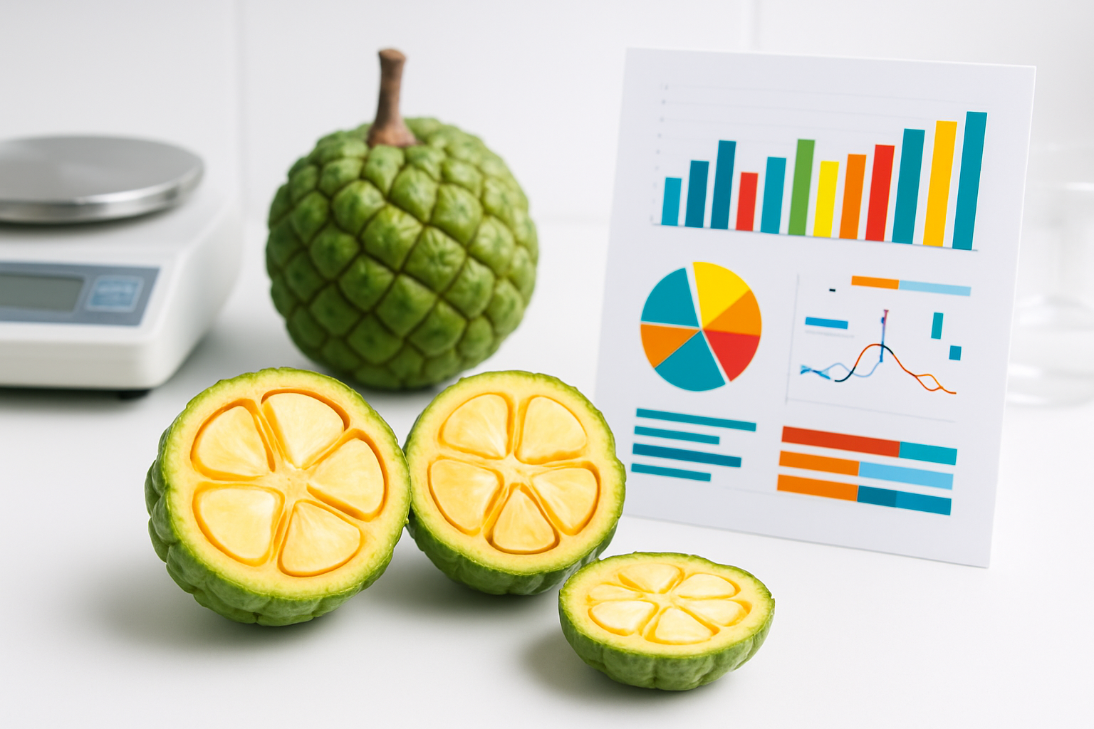 Create a realistic image of fresh pandanus fruits cut open to reveal their interior segments, displayed alongside a nutritional breakdown visualization showing vitamins and minerals through colorful scientific charts and graphs, with whole pandanus fruits in the background, laboratory-style setting with clean white surfaces, bright even lighting, and measuring tools like scales visible, absolutely NO text should be in the scene.