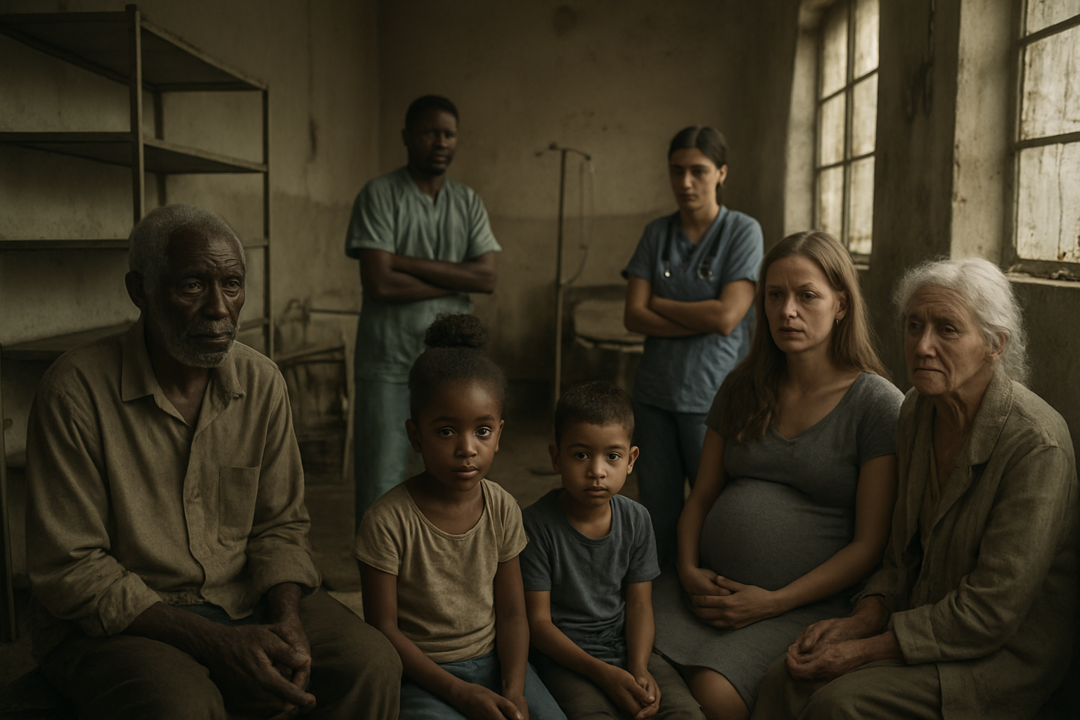 Create a realistic image of a diverse group of vulnerable people including elderly black and white individuals, young children of various ethnicities, and pregnant women sitting in a sparse medical clinic with empty medicine shelves, broken medical equipment, and concerned healthcare workers in the background, set in a developing country with dim lighting filtering through dusty windows, conveying a sense of uncertainty and health crisis, absolutely NO text should be in the scene.
