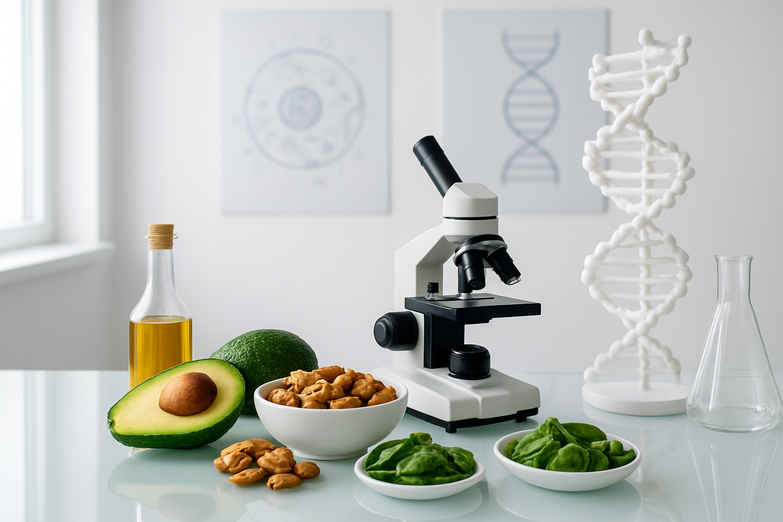 Create a realistic image of a modern scientific laboratory setting with a clean white background, featuring a sleek glass table displaying keto-friendly foods like avocados, olive oil, nuts, and leafy greens alongside scientific equipment including a microscope, DNA helix model, and cellular structure diagrams, with soft natural lighting from a window creating a professional research atmosphere that conveys longevity science and nutritional research, absolutely NO text should be in the scene.