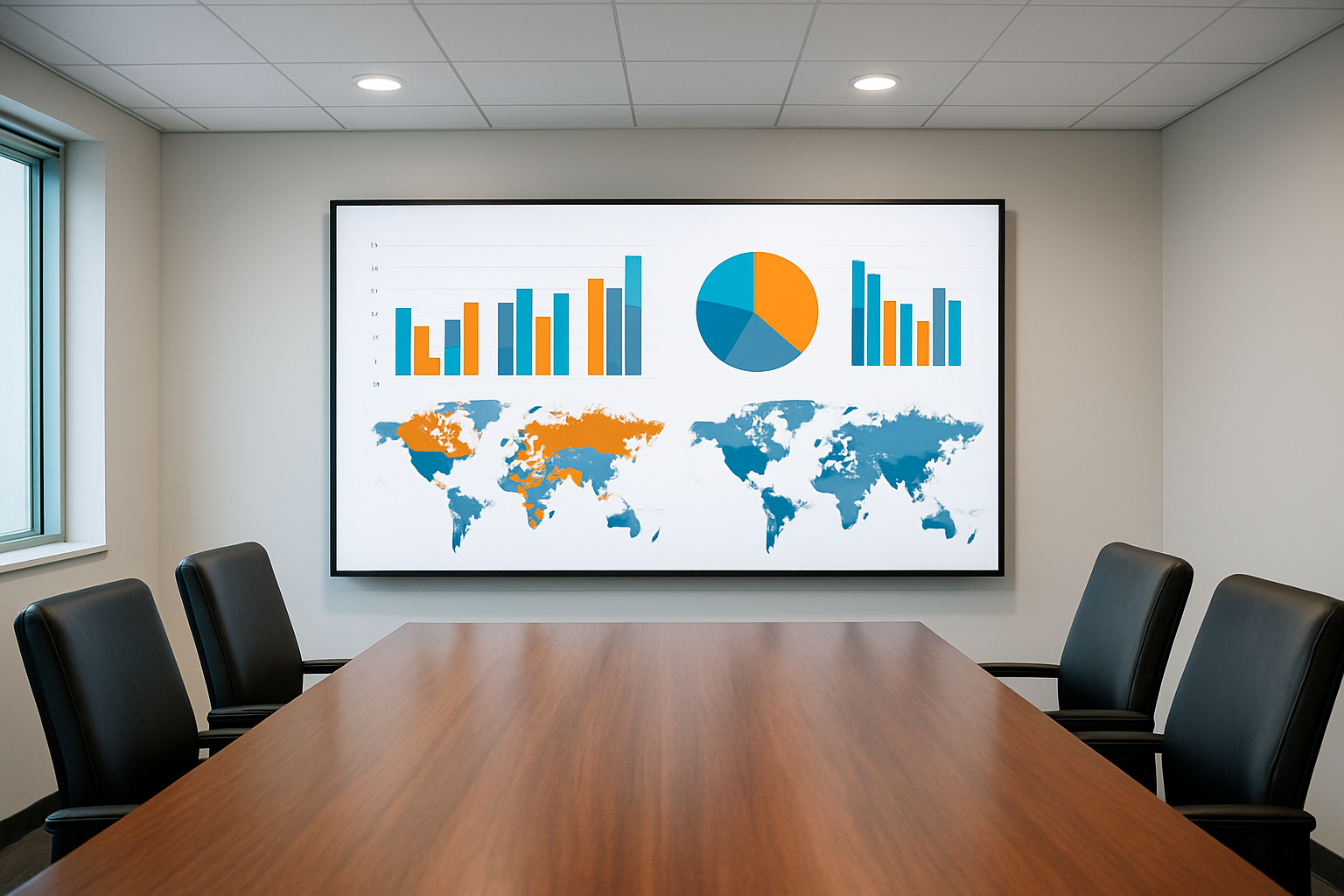 Create a realistic image of a modern conference room with a large wall-mounted display screen showing colorful bar charts, pie charts, and world maps with different countries highlighted in various colors representing gender equality rankings, with a polished wooden conference table in the foreground, professional office lighting, clean white walls, and a focused, analytical atmosphere. Absolutely NO text should be in the scene.
