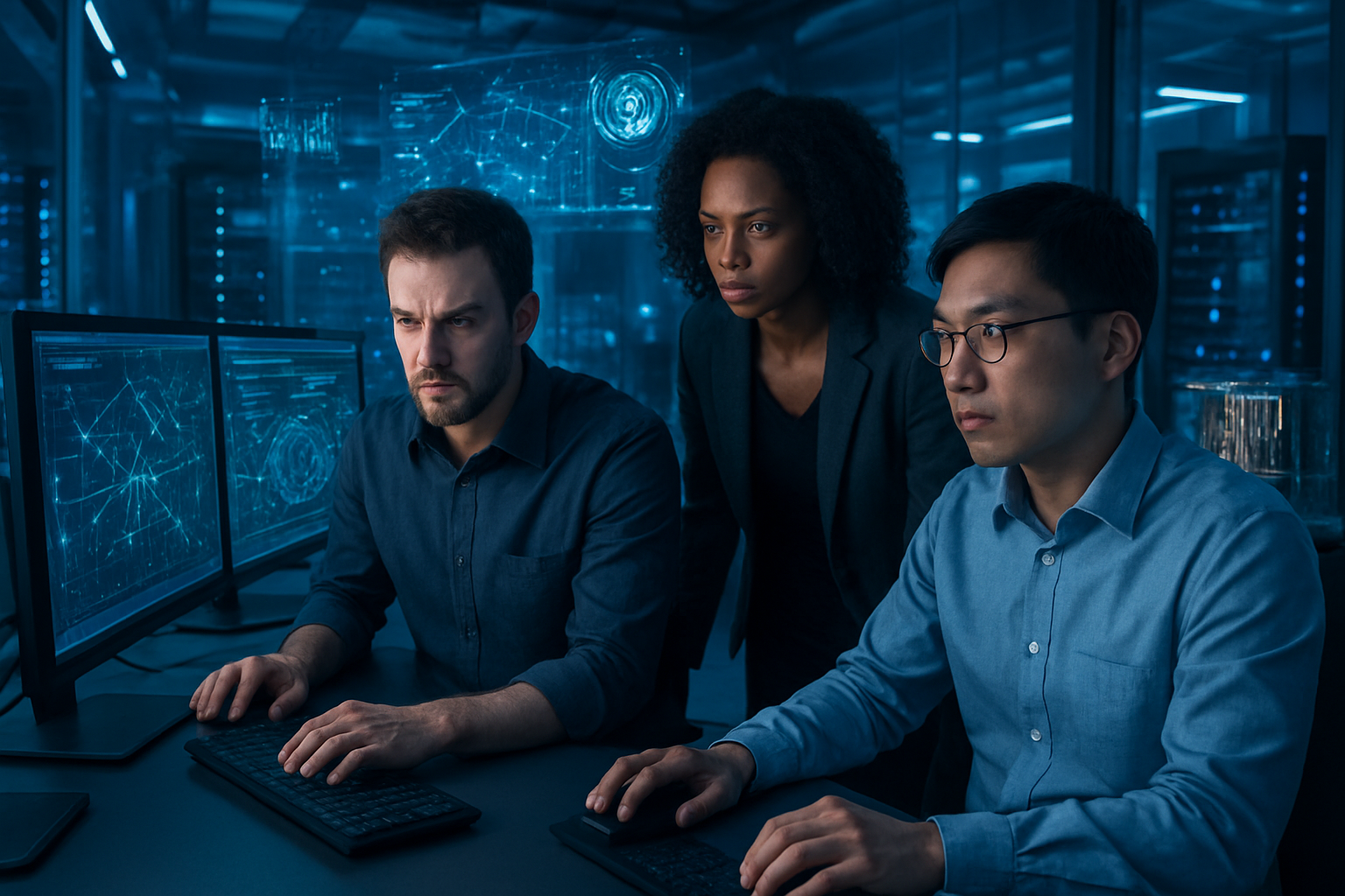 Create a realistic image of a diverse team of cybersecurity professionals including a white male, black female, and Asian male working collaboratively at a modern tech workstation with multiple monitors displaying complex cryptographic algorithms, quantum-resistant security protocols, and network diagrams, surrounded by futuristic server equipment and quantum computing hardware in a high-tech laboratory setting with blue LED lighting and glass panels, showing determined expressions as they overcome technical challenges, with holographic data visualizations floating above their workspace creating an atmosphere of innovation and breakthrough problem-solving, absolutely NO text should be in the scene.