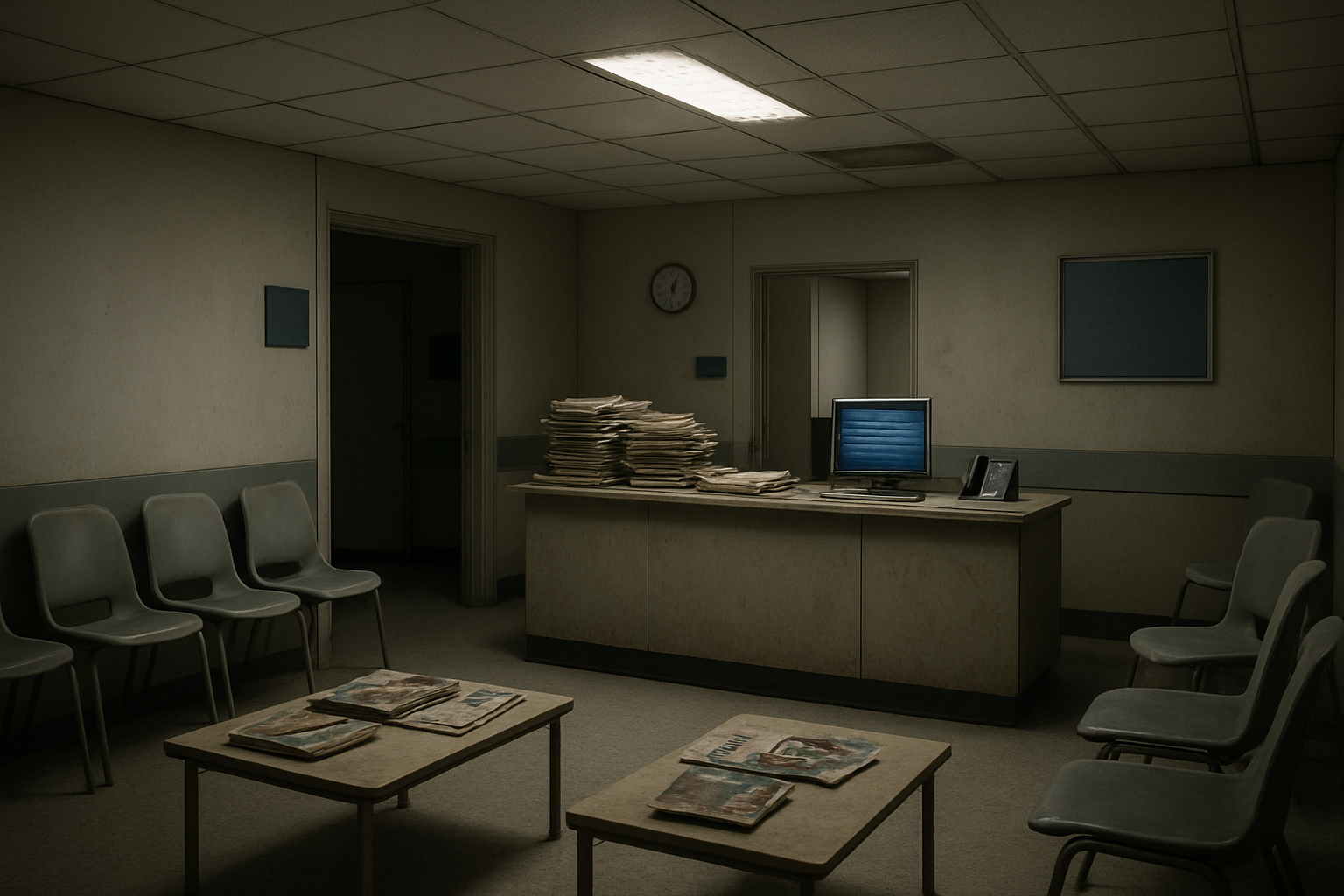 Create a realistic image of a modern medical clinic waiting room with visible barriers and obstacles that would discourage patients, including a cluttered reception desk with stacks of paperwork, a broken or flickering overhead fluorescent light, uncomfortable plastic chairs in disarray, outdated magazines scattered on worn tables, a malfunctioning appointment scheduling computer screen, long wait time indicators, and poor signage creating confusion, with a sterile and unwelcoming atmosphere under harsh lighting that emphasizes the institutional and impersonal feeling of the space, absolutely NO text should be in the scene.