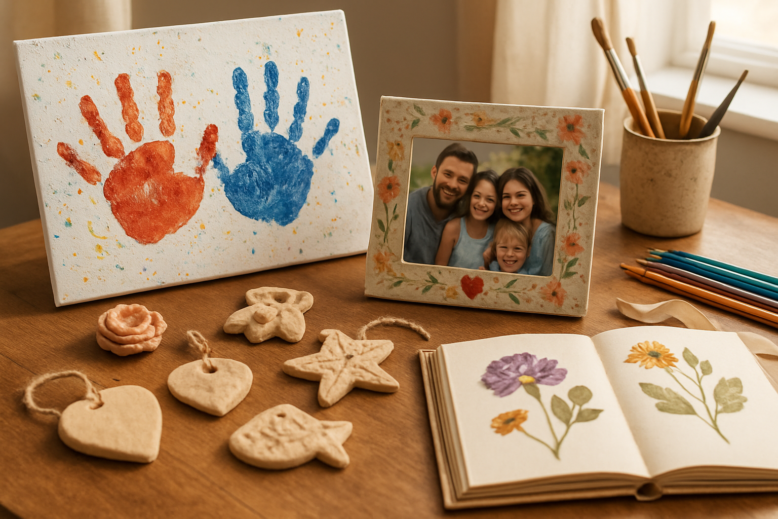 Create a realistic image of handmade artistic keepsakes displayed on a wooden table including a painted canvas with colorful handprints, a decorated picture frame containing a family photo, handcrafted clay ornaments, and a scrapbook with pressed flowers, surrounded by art supplies like paintbrushes, colored pencils, and ribbons, with soft natural lighting from a nearby window creating a warm and loving atmosphere, absolutely NO text should be in the scene.