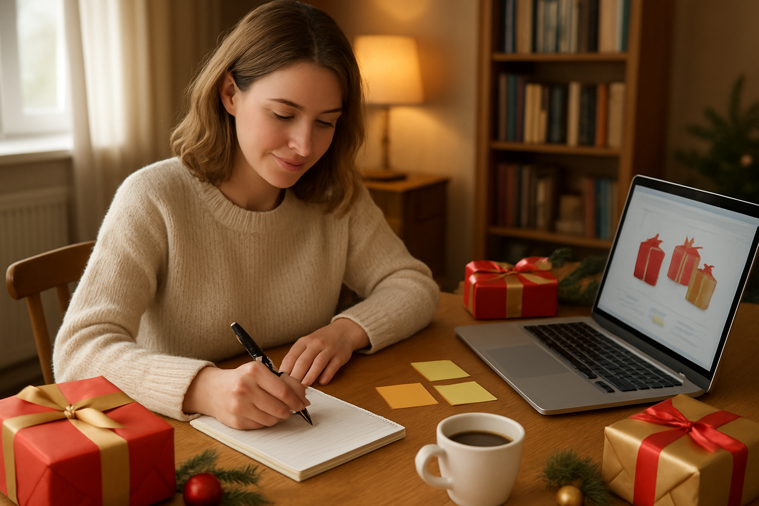 Create a realistic image of a white female sitting at a wooden desk with a notepad and pen in hand, writing a gift recipients list, with wrapped Christmas presents in red and gold paper scattered around the desk, a laptop computer open showing a shopping website, sticky notes in different colors organized by priority levels, a cup of coffee, pine branches and Christmas ornaments as decorative elements, warm indoor lighting from a table lamp, cozy home office setting with bookshelves in the background, festive holiday atmosphere with soft natural light coming through a window, absolutely NO text should be in the scene.