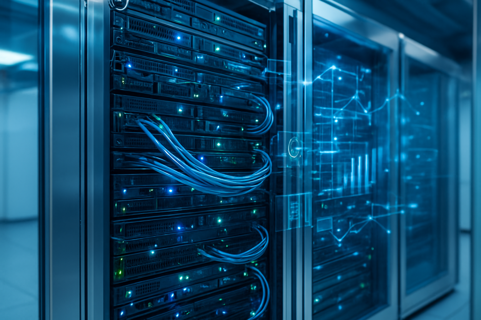 Create a realistic image of a modern data center server rack with multiple server units stacked vertically, glowing blue and green LED lights indicating active connections, fiber optic cables neatly organized and connecting between servers, a clean white and metallic environment with professional lighting, digital holographic elements floating around the servers showing network connections and data flow visualization, sleek modern technology aesthetic with chrome and glass surfaces reflecting the server lights, cool blue ambient lighting throughout the scene, absolutely NO text should be in the scene.