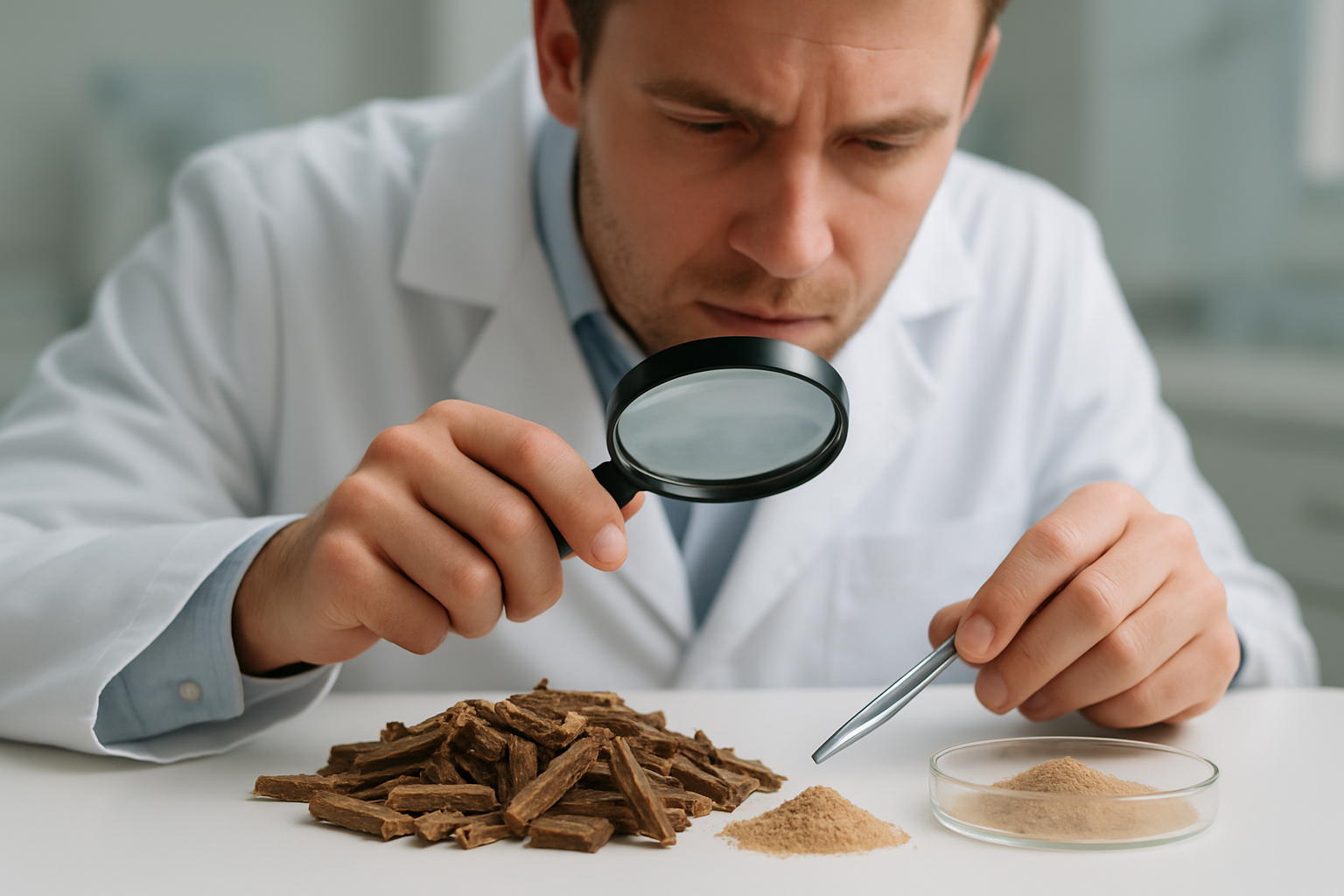 Create a realistic image of a close-up view of ibogaine root bark pieces and extracted powder on a clean white laboratory surface, with a white male scientist in a lab coat carefully examining the substances with scientific instruments like a magnifying glass and measuring tools, soft clinical lighting illuminating the scene from above, sterile medical environment in the background with subtle focus on the natural plant medicine materials, calm and professional atmosphere suggesting scientific research and therapeutic application, absolutely NO text should be in the scene.