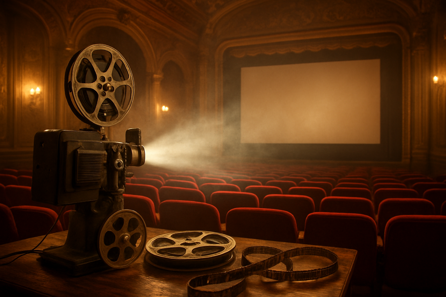Create a realistic image of a vintage 1920s movie theater interior with ornate decorations and red velvet seats, featuring an old-fashioned film projector casting light beams through smoky air toward a large screen, with classic cinema reels and film strips scattered on a wooden table in the foreground, all bathed in warm golden lighting that evokes the early days of cinema, absolutely NO text should be in the scene.