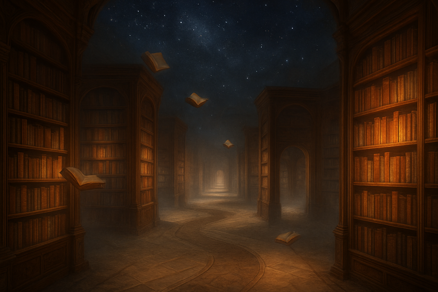 Create a realistic image of a mystical library with endless rows of glowing bookshelves stretching infinitely into the distance, multiple pathways branching off between the shelves like a maze, soft ethereal lighting casting warm golden hues throughout the space, floating books gently drifting in the air, doorways and archways leading to different sections suggesting infinite possibilities, a cosmic starry ceiling above, misty atmospheric effects creating depth and mystery, ornate wooden shelves filled with colorful books, marble or stone flooring with intricate patterns, the overall mood contemplative and magical suggesting life's many possible paths and choices, absolutely NO text should be in the scene.