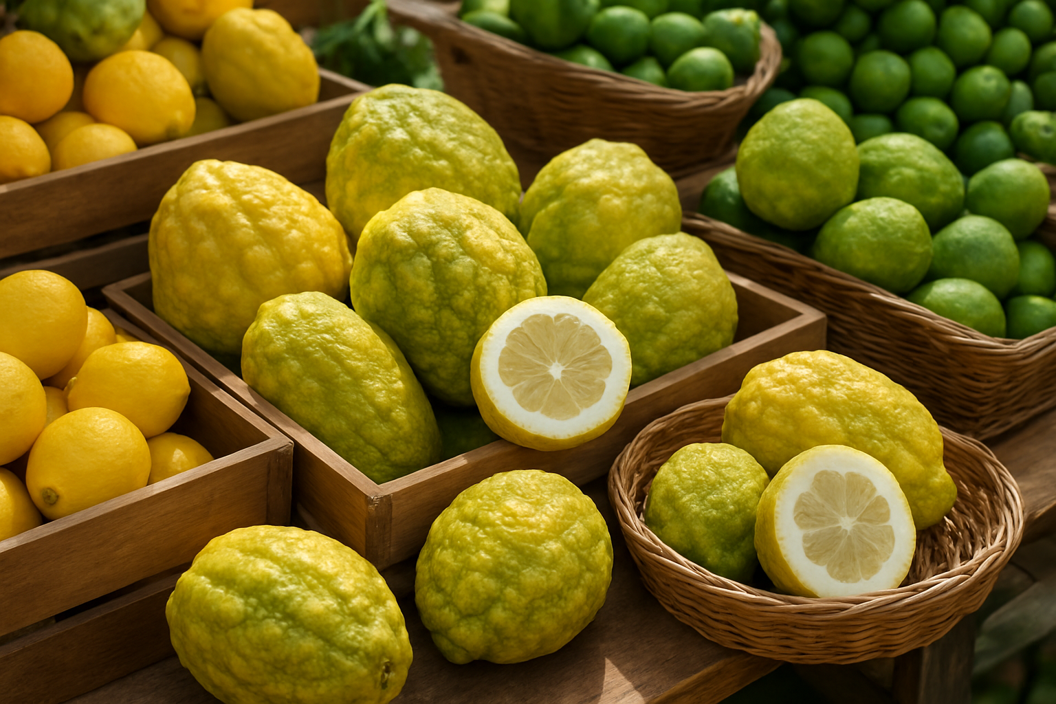Create a realistic image of a vibrant farmers market or grocery store produce section displaying fresh citron fruits arranged in wooden crates and baskets, with various citron varieties showing their characteristic thick, bumpy yellow-green rinds and large oval shapes, some citrons cut in half to reveal the thick white pith and minimal flesh inside, surrounded by other citrus fruits like lemons and limes for comparison, with natural daylight illuminating the fresh produce, creating an inviting marketplace atmosphere that helps viewers understand how to identify and select quality citron fruit, absolutely NO text should be in the scene.