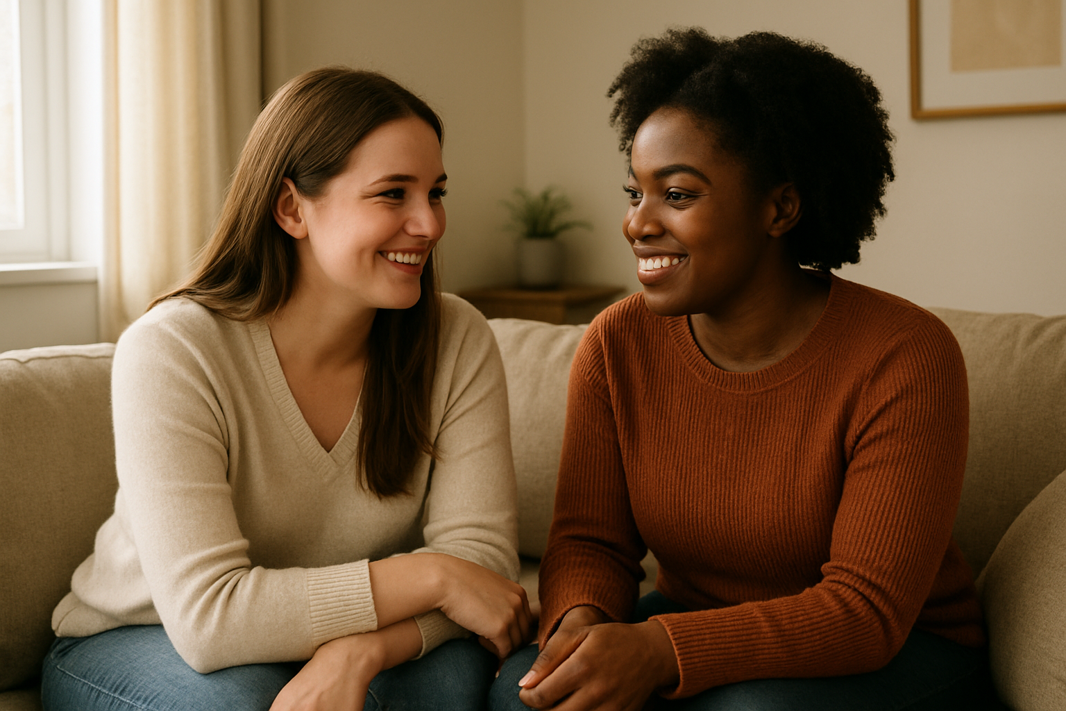 Create a realistic image of two close female friends, one white and one black, sitting together on a comfortable couch in a cozy living room, engaged in deep conversation with warm smiles and genuine connection, soft natural lighting from a nearby window creates an intimate atmosphere, minimal background distractions with simple home decor, the scene conveys meaningful friendship and emotional bond rather than superficial social interaction, absolutely NO text should be in the scene.