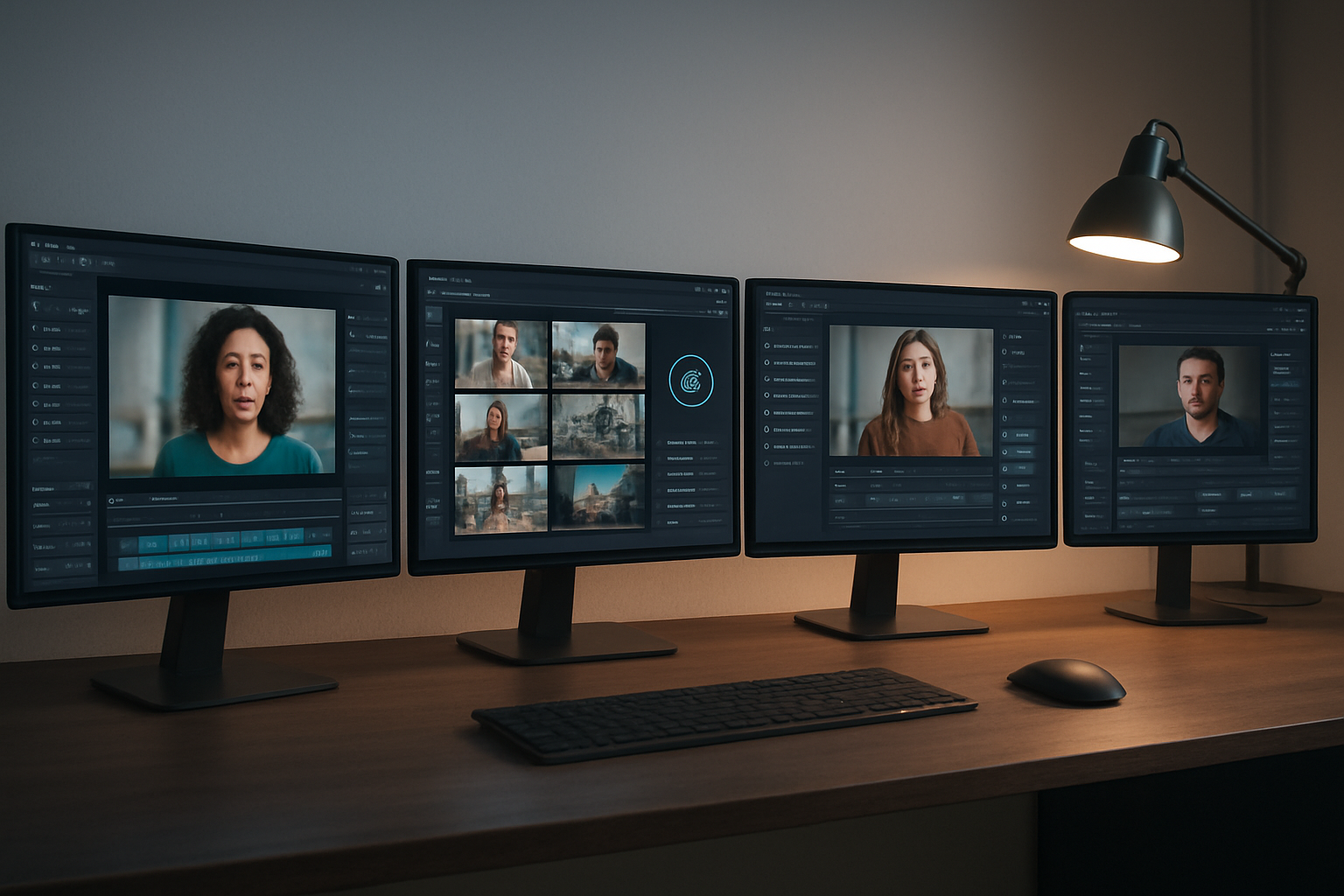 Create a realistic image of multiple computer monitors displaying different AI video generator interfaces with various video creation tools and options visible on each screen, arranged on a modern desk setup with a sleek keyboard and mouse, soft ambient lighting from a desk lamp, clean minimalist office background with subtle tech aesthetic, showing specialized video editing features and AI-powered creation tools across different platforms. Absolutely NO text should be in the scene.