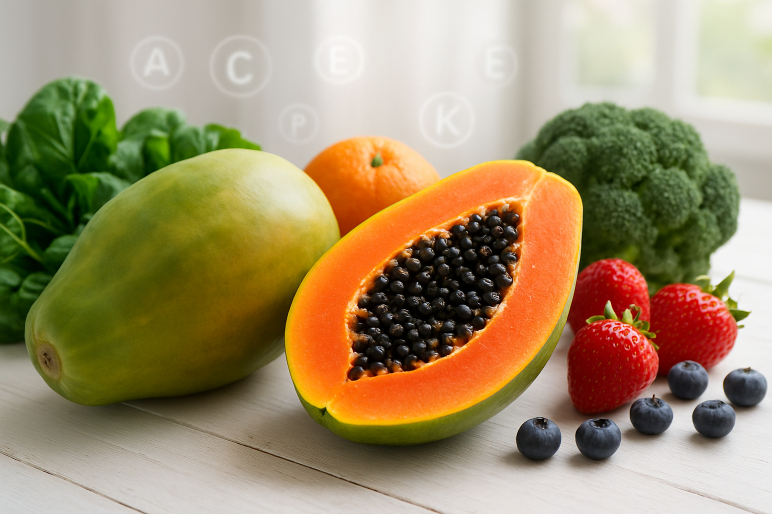 Create a realistic image of a fresh whole papaya and a halved papaya displaying the bright orange flesh and black seeds, surrounded by colorful fresh fruits like oranges, berries, and leafy green vegetables, arranged on a clean white wooden table with soft natural lighting from a window, creating a vibrant and healthy atmosphere that emphasizes nutrition and wellness, with vitamin and mineral symbols subtly integrated into the background without being text, absolutely NO text should be in the scene.