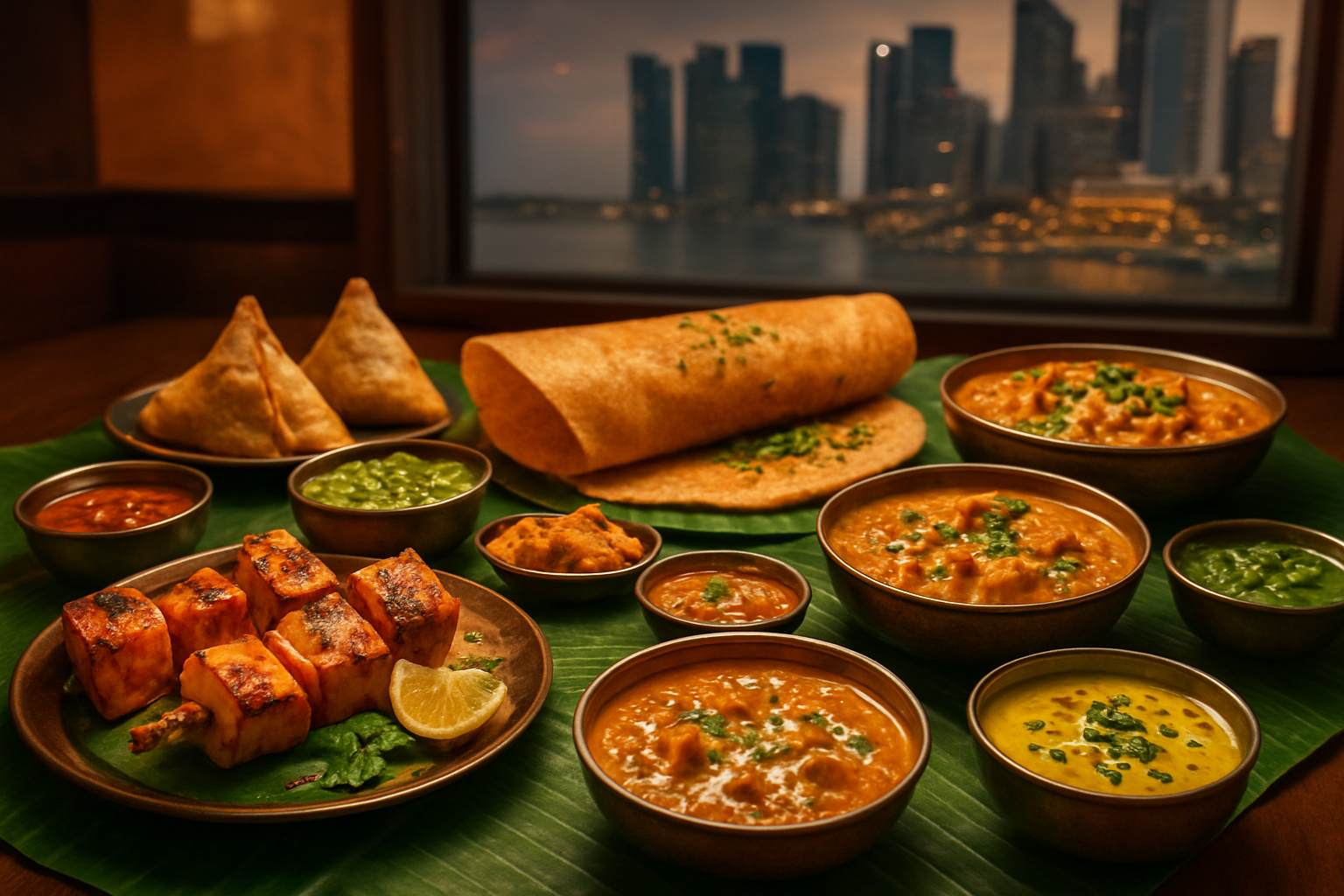 image of a vibrant collage-style flat lay showcasing an elaborate spread of colorful Indian vegetarian dishes such as paneer tikka, masala dosa, dal makhani, samosas, and chutney arranged on banana leaves and traditional serving plates, with subtle Singapore-inspired elements like the city skyline subtly visible through a restaurant window in the background, warm and inviting restaurant lighting casting a golden glow over the food, creating a rich and appetizing atmosphere. Absolutely NO text should be in the scene.