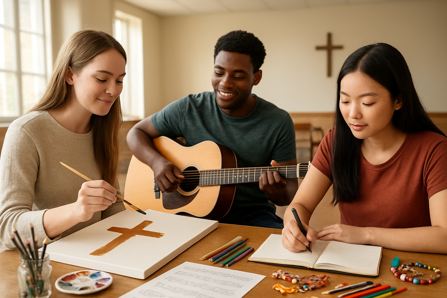 Create a realistic image of young adults engaged in various creative Christian activities including a white female painting a cross on canvas, a black male playing acoustic guitar, and an Asian female writing in a journal, surrounded by art supplies like paintbrushes, colored pencils, sheet music with hymnal notes, and craft materials for making jewelry or decorations, set in a bright, welcoming community room or church fellowship hall with natural lighting streaming through windows, creating an inspiring and peaceful atmosphere that conveys artistic worship and faith-based creativity, absolutely NO text should be in the scene.