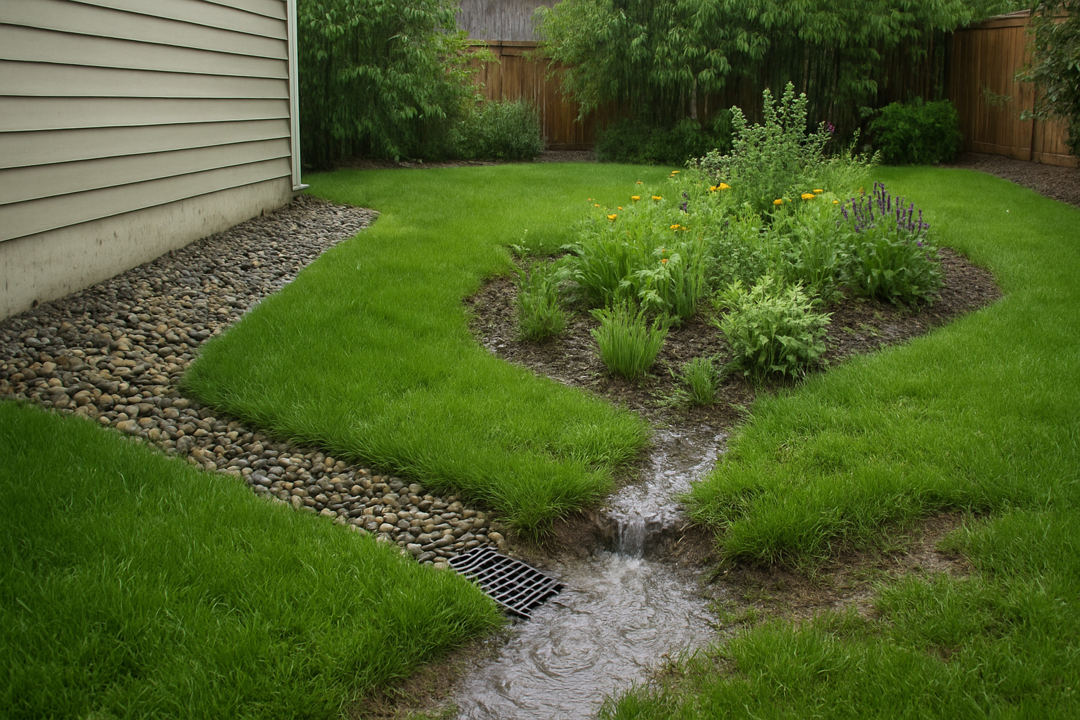 Create a realistic image of a backyard showing proper drainage solutions including a French drain with visible gravel stones, a rain garden with native plants, and improved soil grading that slopes away from a house, with water pooling areas being redirected through small drainage channels, set during a light rain shower to demonstrate water flow management, featuring lush green grass in well-drained areas contrasting with previously muddy spots now properly managed, under natural daylight with gentle rainfall creating a fresh, clean atmosphere. Absolutely NO text should be in the scene.