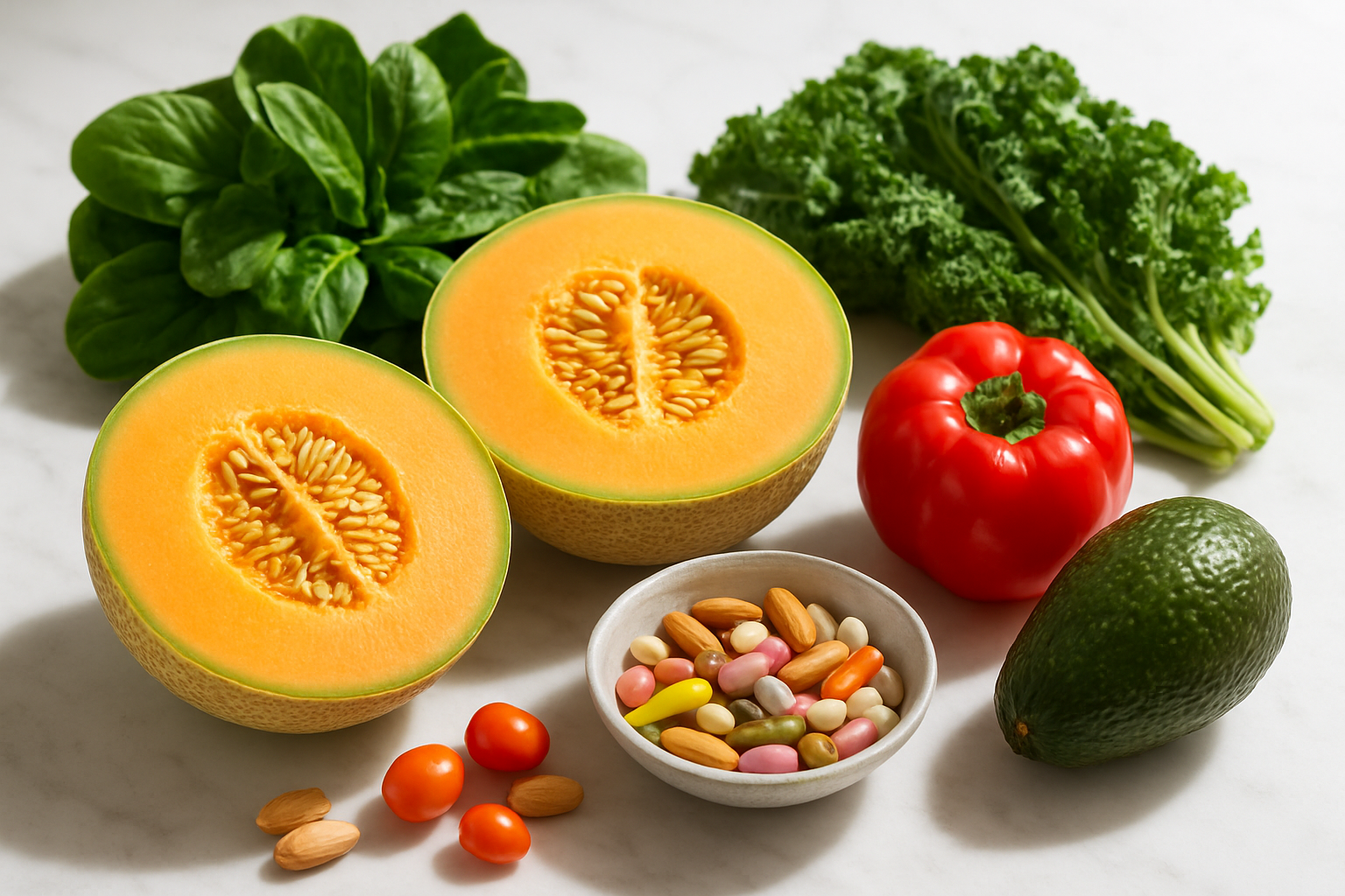 Create a realistic image of fresh Galia melons cut in half displaying their vibrant orange flesh alongside colorful vitamin and mineral supplements, fresh leafy greens, and other healthy foods arranged on a clean white marble countertop, with natural bright lighting streaming from the side creating soft shadows, emphasizing the nutritional and health benefits theme, absolutely NO text should be in the scene.