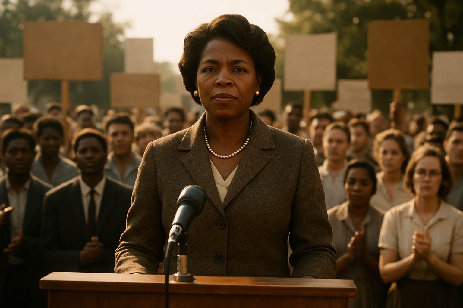 Create a realistic image of a dignified black female political leader standing confidently at a podium during a civil rights speech, wearing professional attire from the mid-20th century, with a diverse crowd of supporters in the background holding peaceful protest signs, warm golden lighting illuminating the scene suggesting hope and determination, captured in a documentary photography style that conveys the gravity and importance of the human rights movement, absolutely NO text should be in the scene.