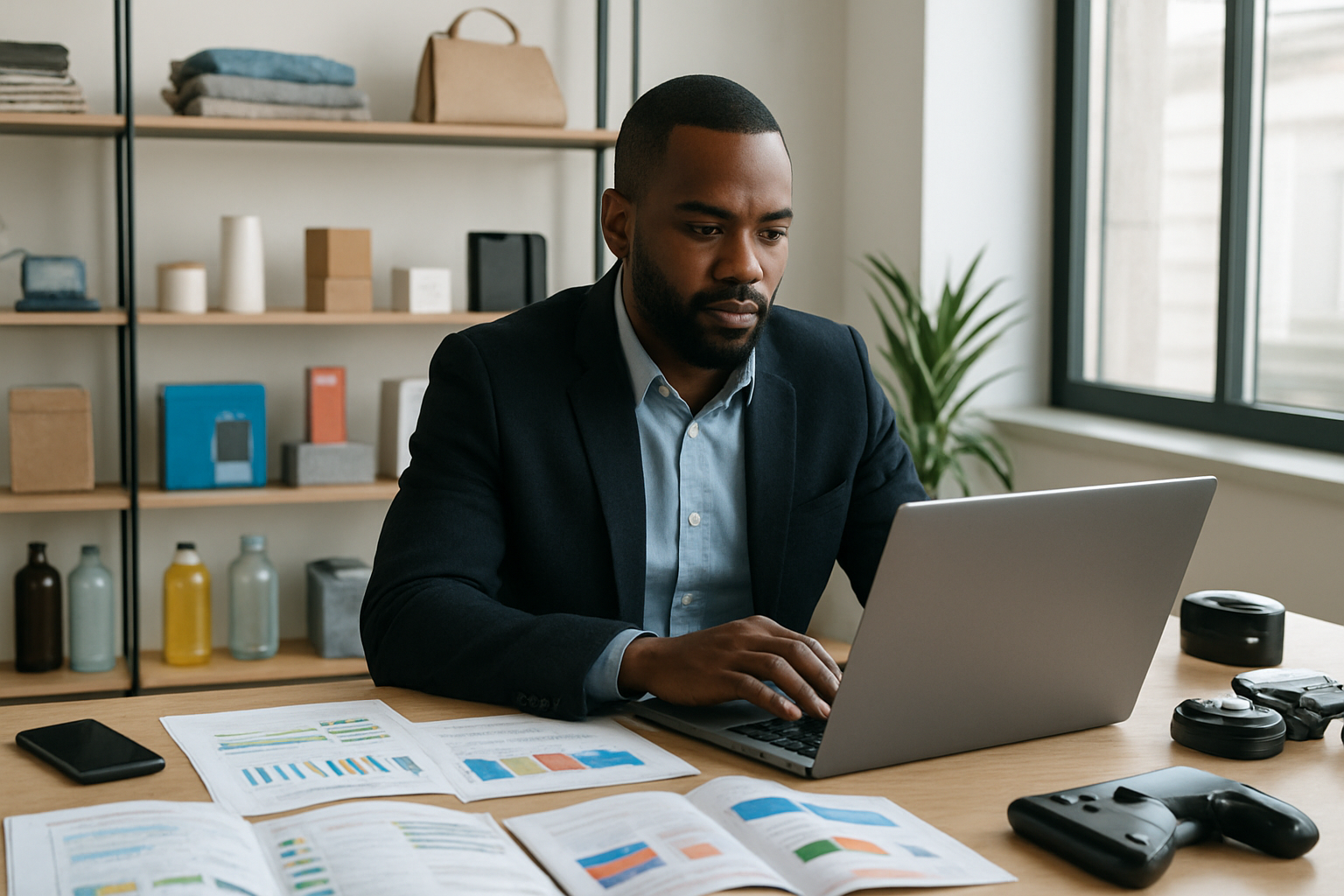 Create a realistic image of a black male entrepreneur sitting at a modern desk with a laptop open, surrounded by various imported products like electronics, textiles, and consumer goods displayed on shelves and the desk surface, with market research charts and product catalogs spread across the workspace, set in a bright contemporary office environment with natural lighting from large windows, conveying a focused and analytical business atmosphere. Absolutely NO text should be in the scene.