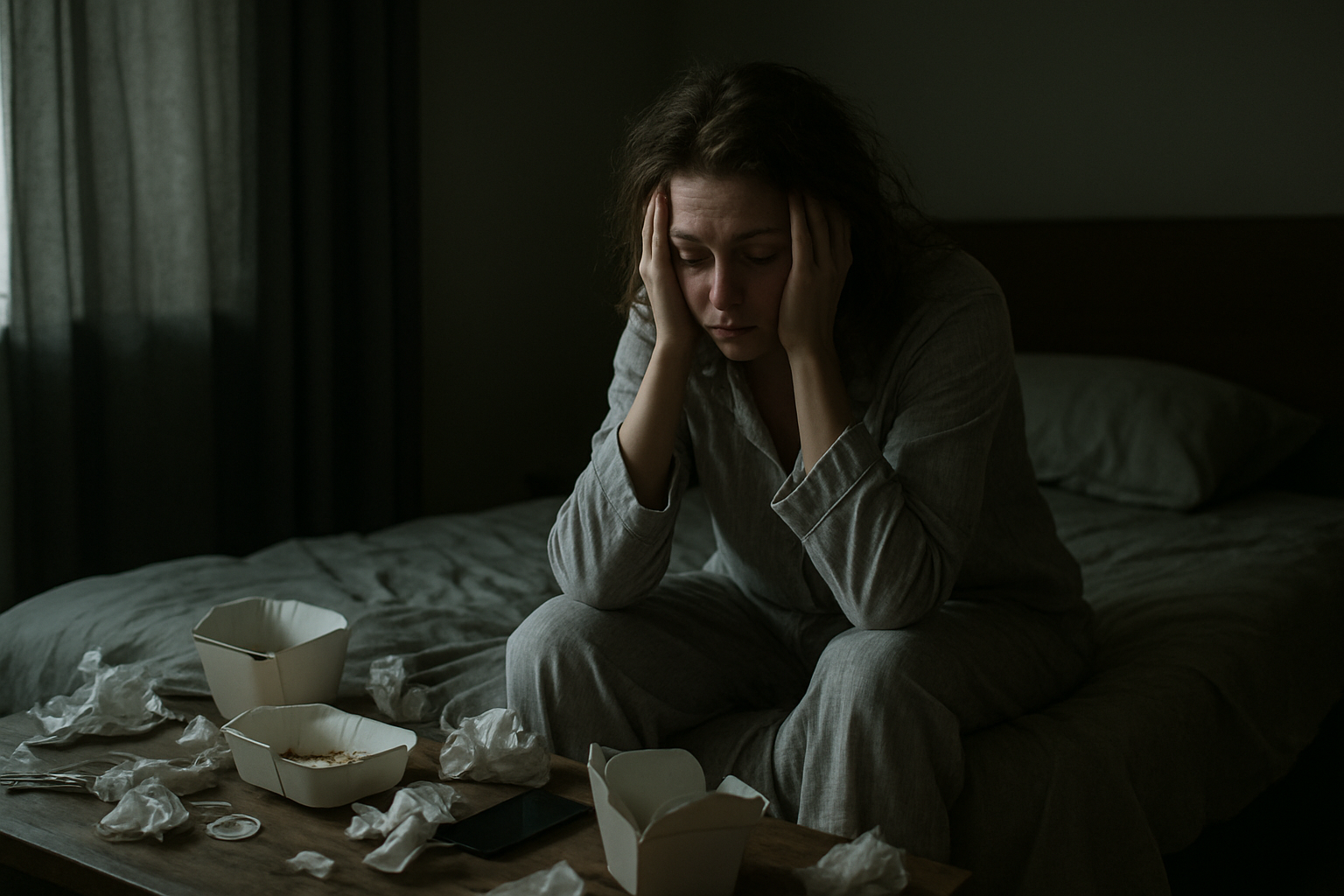 Create a realistic image of a tired-looking white female sitting on an unmade bed in a dimly lit bedroom, surrounded by empty takeout containers, crumpled tissues, and scattered personal items, with dark circles under her eyes, messy hair, wearing wrinkled pajamas, while holding her head in her hands in a posture of exhaustion and neglect, with closed curtains blocking natural light and creating a gloomy atmosphere that conveys poor self-care and compromised well-being. Absolutely NO text should be in the scene.