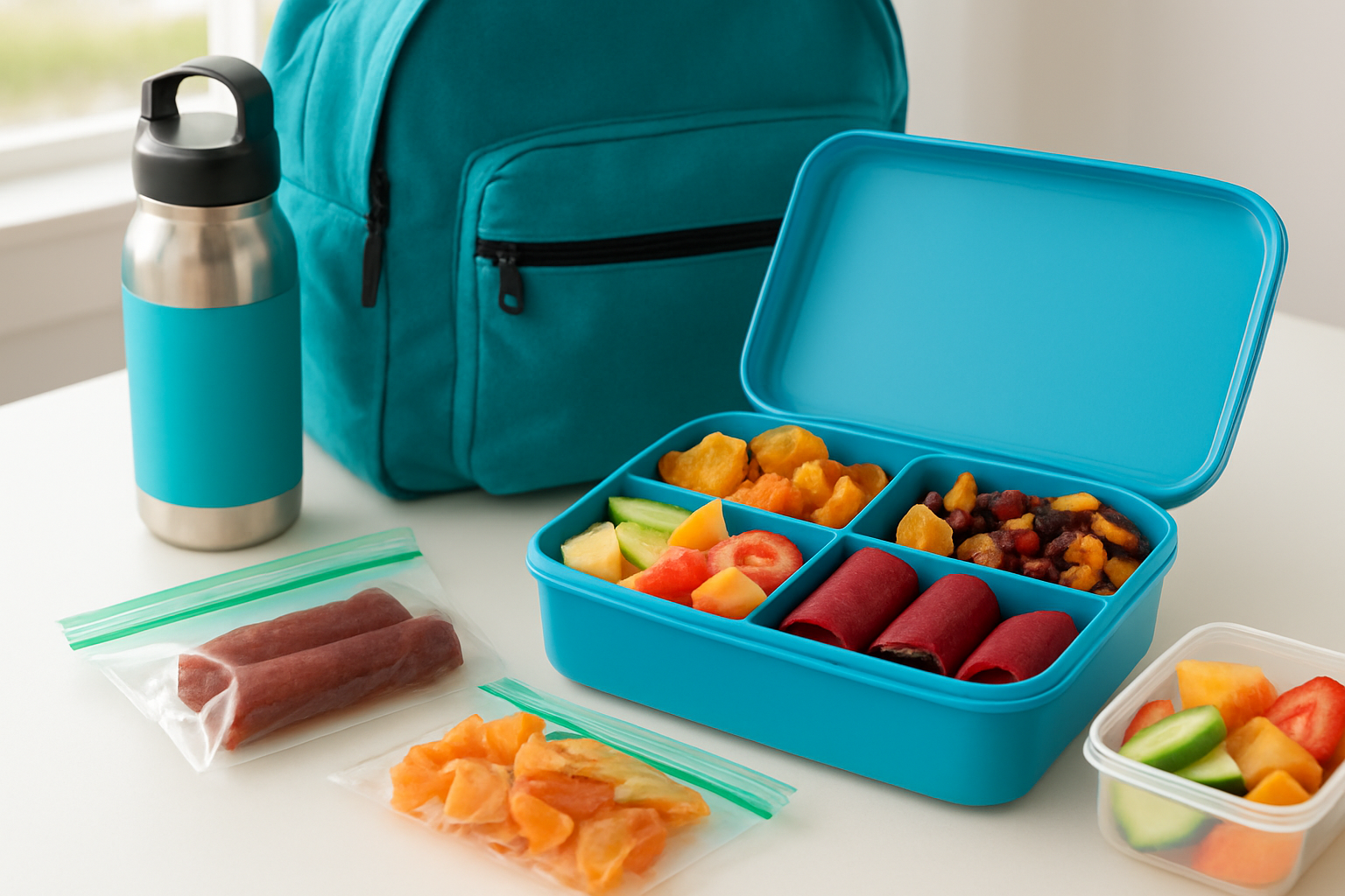 Create a realistic image of colorful portable fruit snacks including dried fruit pieces, fruit leather rolls, and small containers of fresh cut fruits arranged in a school lunchbox and travel bags, with a backpack and water bottle nearby on a clean white table surface, bright natural lighting from a window, cheerful and organized mood suggesting healthy on-the-go snacking for children, absolutely NO text should be in the scene.