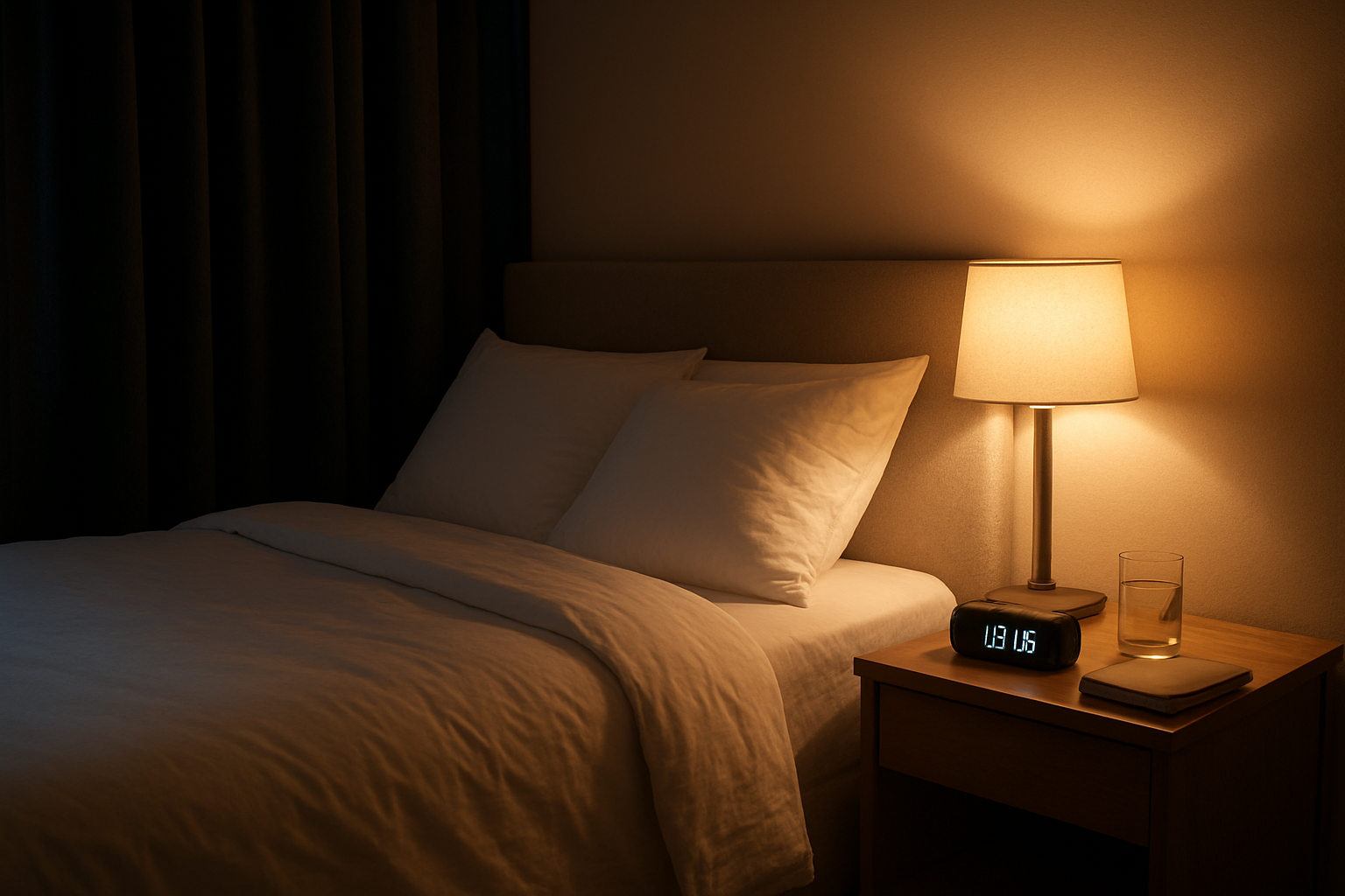 Create a realistic image of a peaceful bedroom scene featuring a comfortable bed with crisp white linens and fluffy pillows, soft ambient lighting from a bedside lamp creating a warm glow, a digital alarm clock showing nighttime hours on the nightstand, blackout curtains partially drawn, and subtle elements like a glass of water and perhaps a book suggesting preparation for restful sleep, with a serene and calming atmosphere that conveys optimal sleep environment for health and wellness, absolutely NO text should be in the scene.