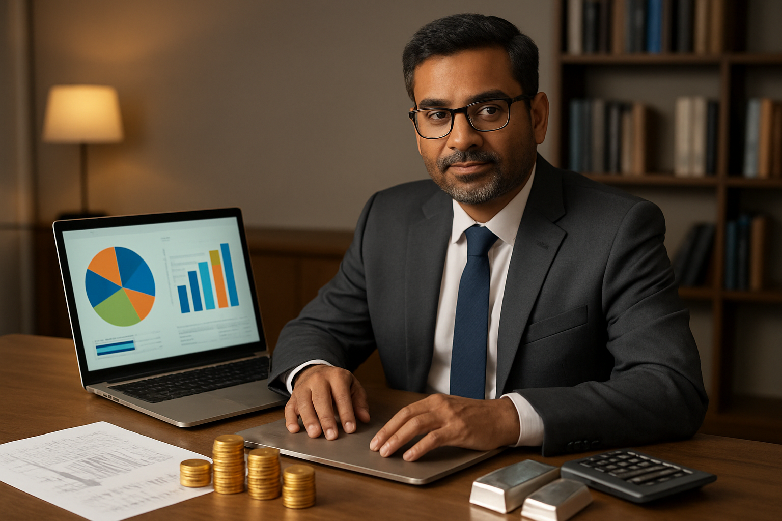 Create a realistic image of a professional Indian male financial advisor in his 40s sitting at a modern office desk with a laptop displaying colorful pie charts and portfolio allocation graphs, golden coins and silver bars arranged neatly on the desk surface, a calculator and financial documents spread around, warm office lighting creating a focused business atmosphere, with a clean contemporary office background featuring bookshelves with financial books, absolutely NO text should be in the scene.