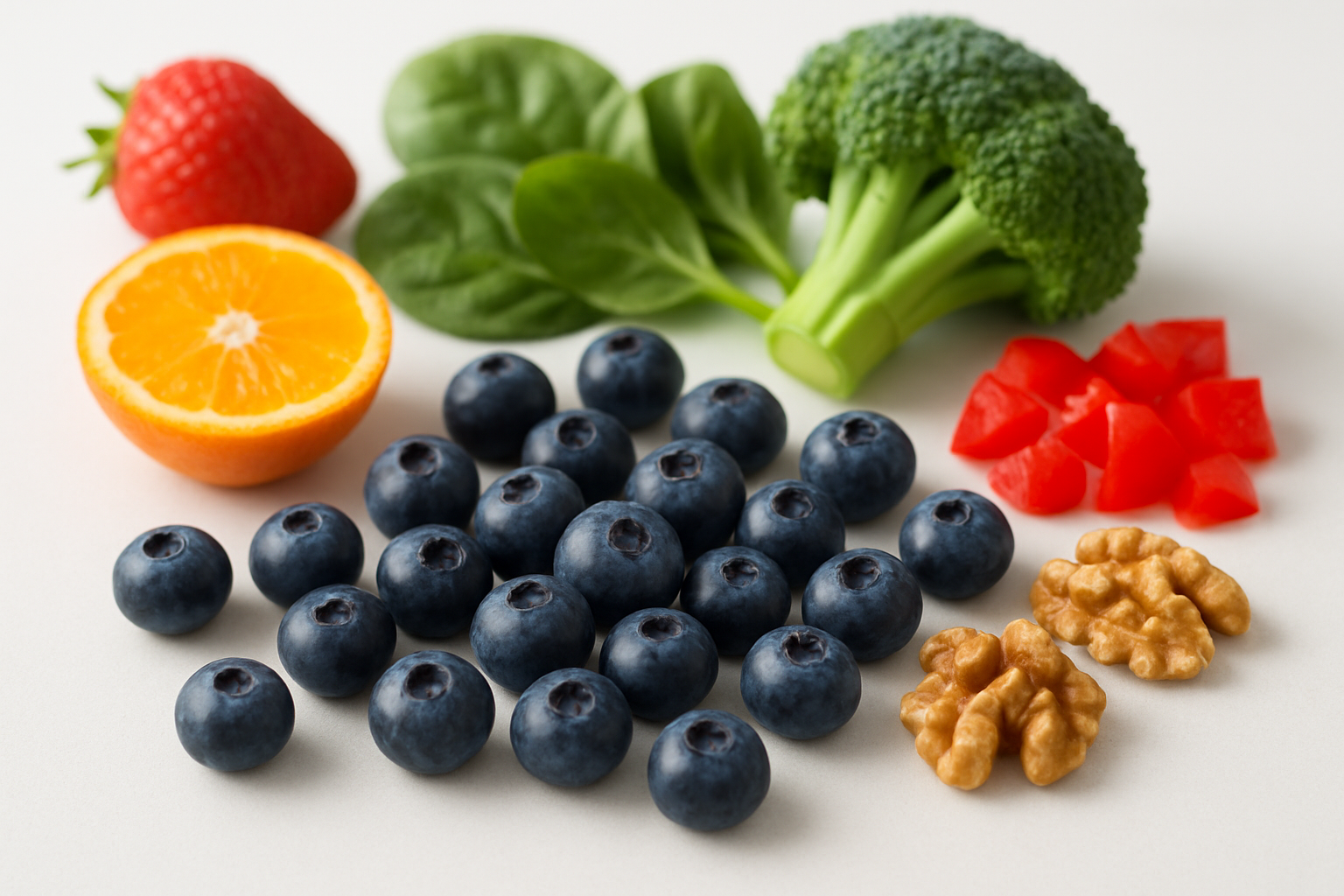 Create a realistic image of fresh huckleberries scattered on a clean white surface alongside colorful vitamin and antioxidant symbols represented by natural elements like vibrant fruits, green leafy vegetables, and nuts, with soft natural lighting highlighting the deep purple-blue color of the huckleberries, creating a clean and healthy superfood composition that emphasizes nutritional value and wellness, absolutely NO text should be in the scene.