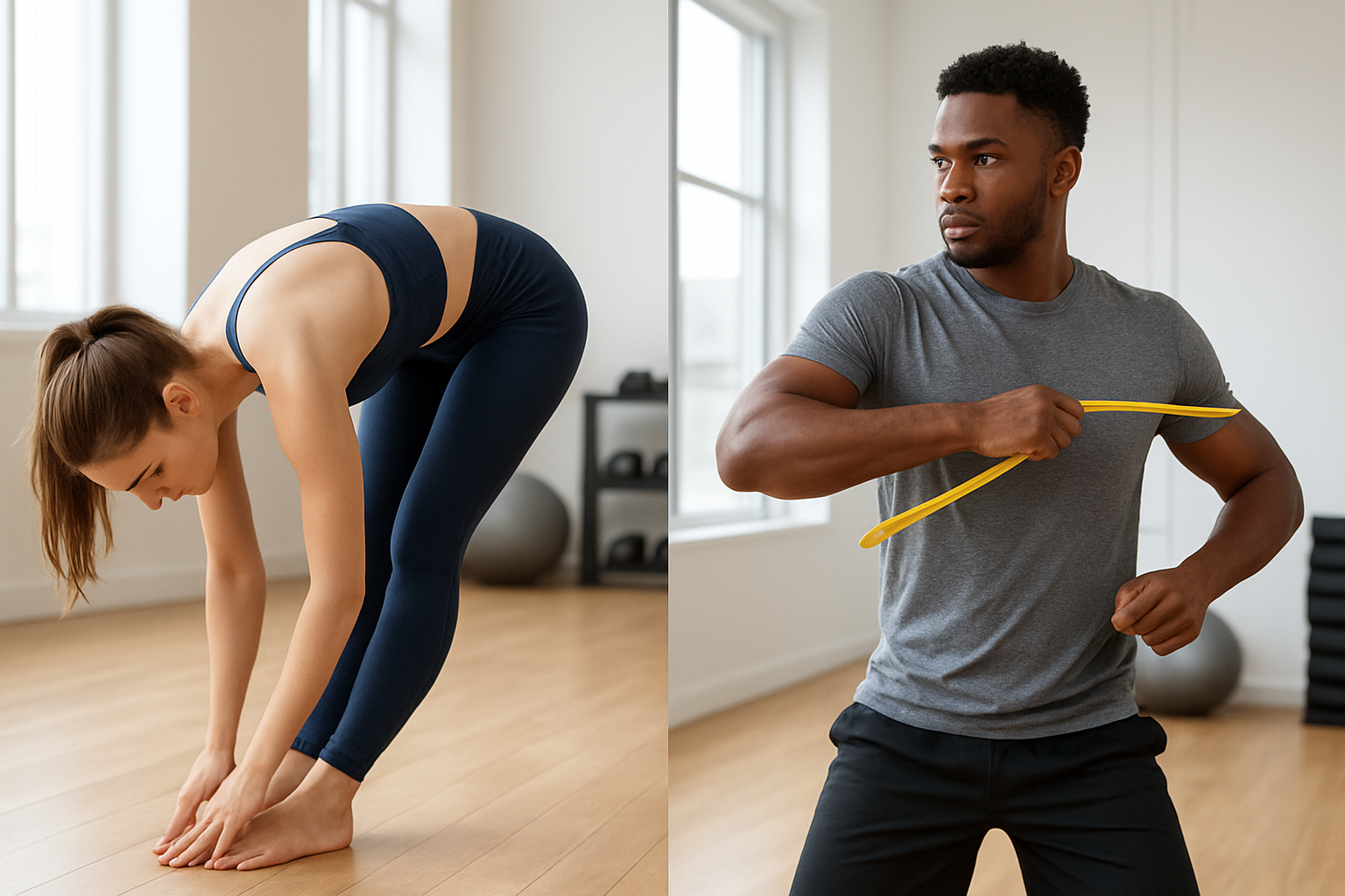 Create a realistic image of a split-screen composition showing flexibility on the left side with a young white female in athletic wear performing a deep forward fold stretch touching her toes, and mobility on the right side with a young black male in gym clothes doing a dynamic shoulder rotation movement with resistance band, both in a bright modern fitness studio with wooden floors, large windows, and exercise equipment in the background, natural lighting creating a clean and educational atmosphere, absolutely NO text should be in the scene.