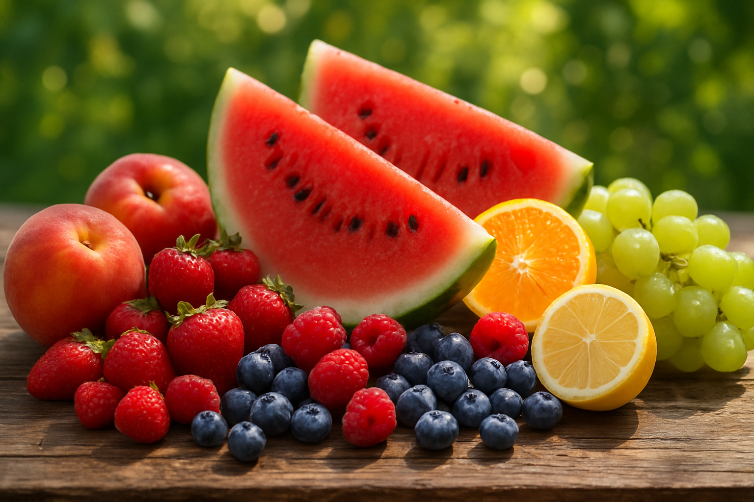 Create a realistic image of a vibrant collection of fresh summer fruits arranged on a rustic wooden table, featuring juicy watermelon slices, ripe peaches, fresh berries, citrus fruits, and grapes, with water droplets glistening on their surfaces, set against a bright sunny outdoor scene with soft natural lighting filtering through, creating a refreshing and cooling atmosphere that emphasizes hydration and summer abundance, absolutely NO text should be in the scene.